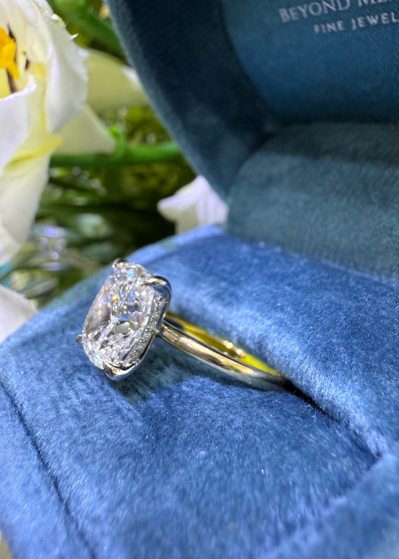 14k Yellow and White Gold 3ct Elongated Cushion cut Engagement Ring 3.09ct LabGrown F,VS1 solitaire + hidden halo