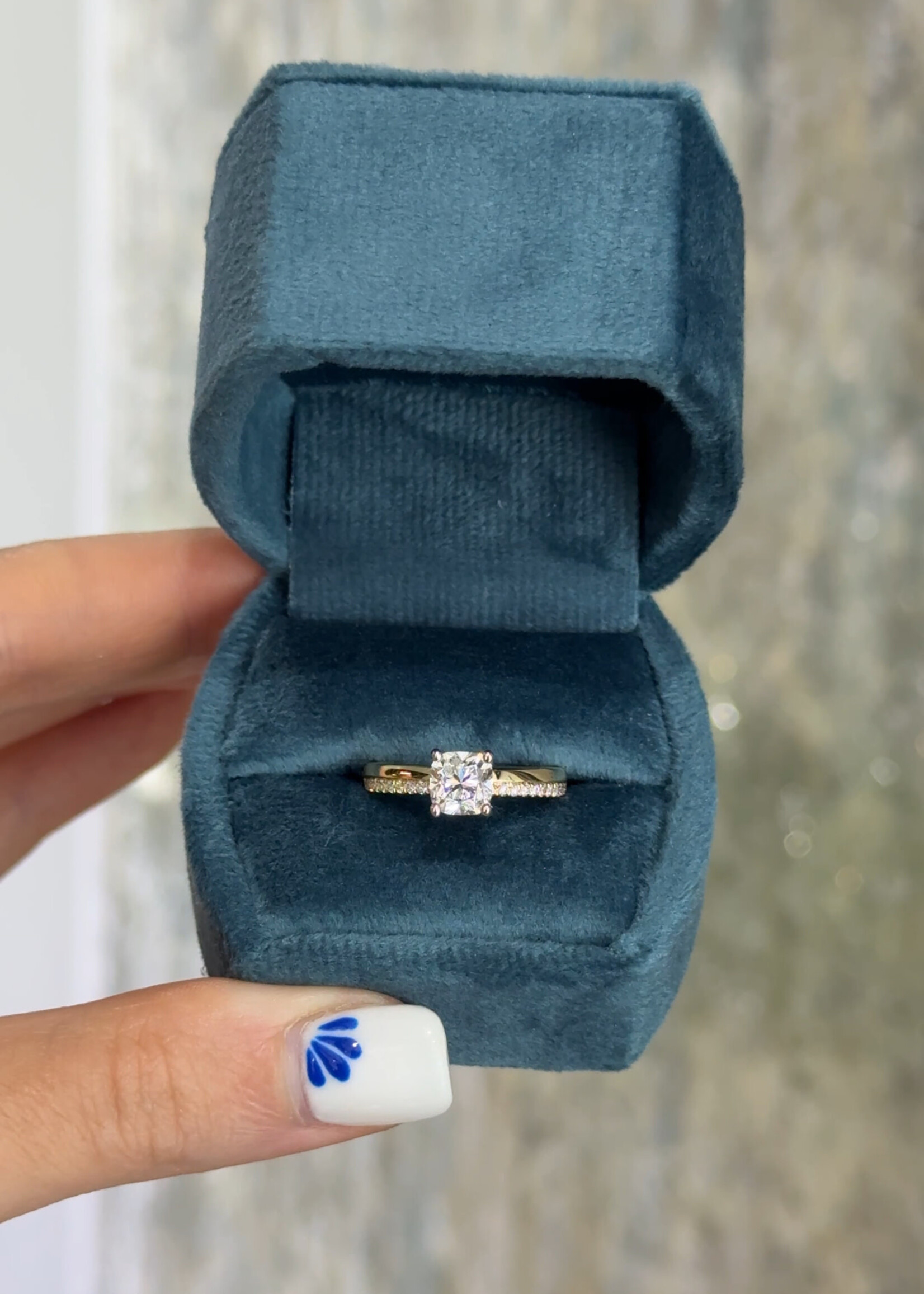 14kY/W 1.24ct Naturally Mined Cushion Cut ( G,I1 AGS Report ) + .20ctw setting.