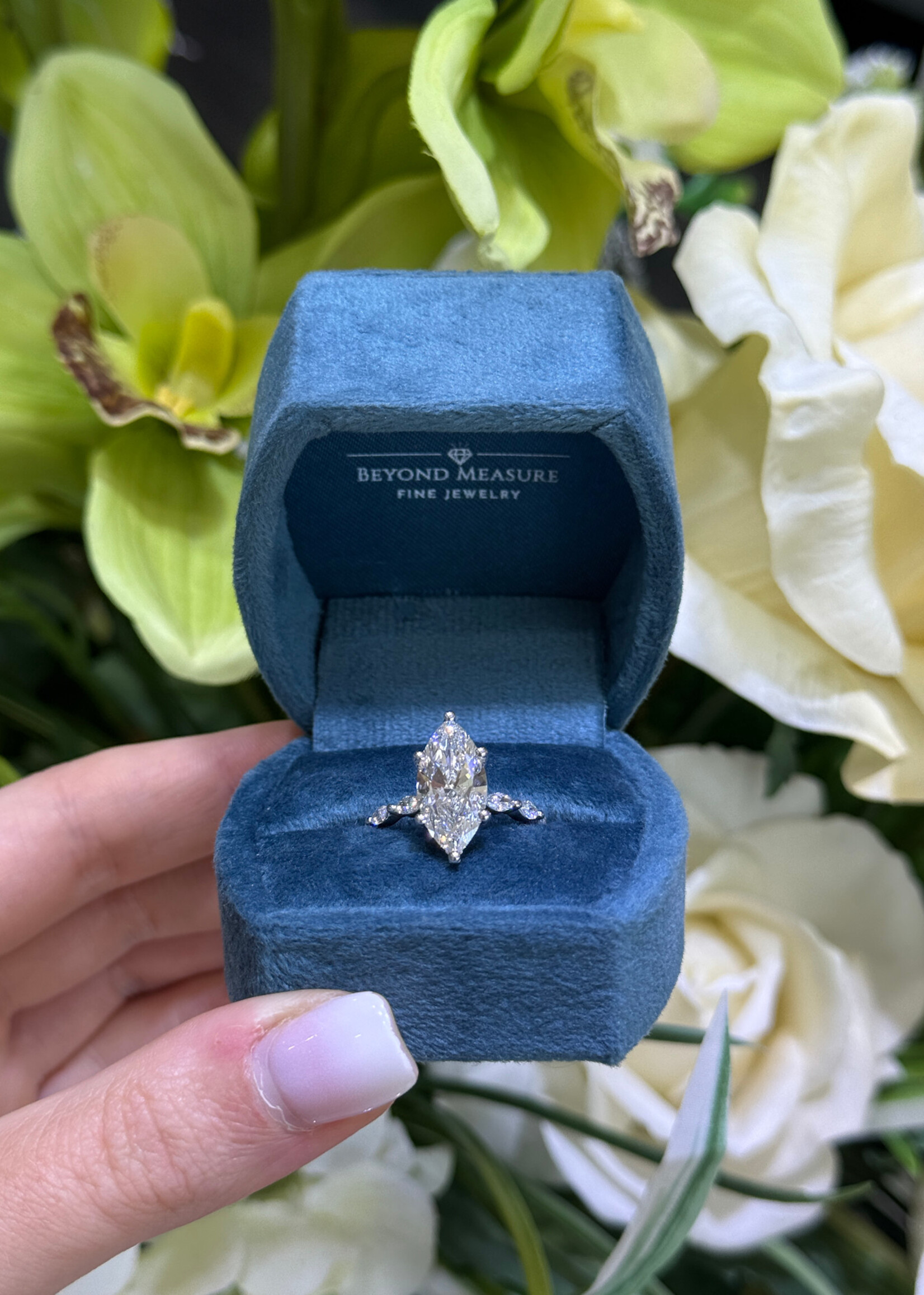 ASH 14kW 3ct LabGrown Diamond Marquise cut with .31ctw Marquise cut diamond sides stones + Hidden Halo _ diamond prongs