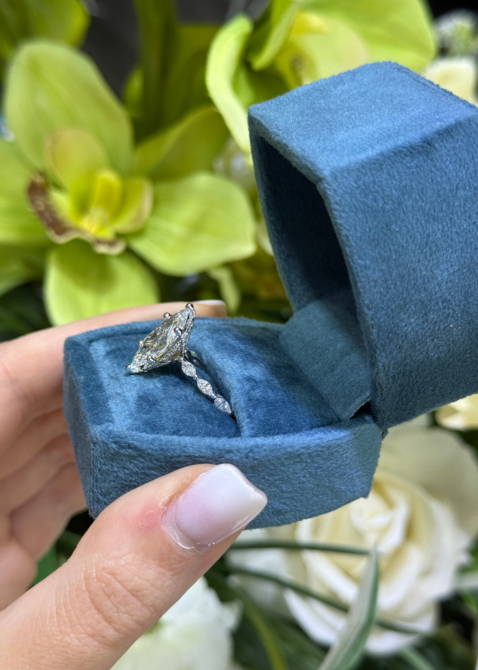 ASH 14kW 3ct LabGrown Diamond Marquise cut with .31ctw Marquise cut diamond sides stones + Hidden Halo _ diamond prongs