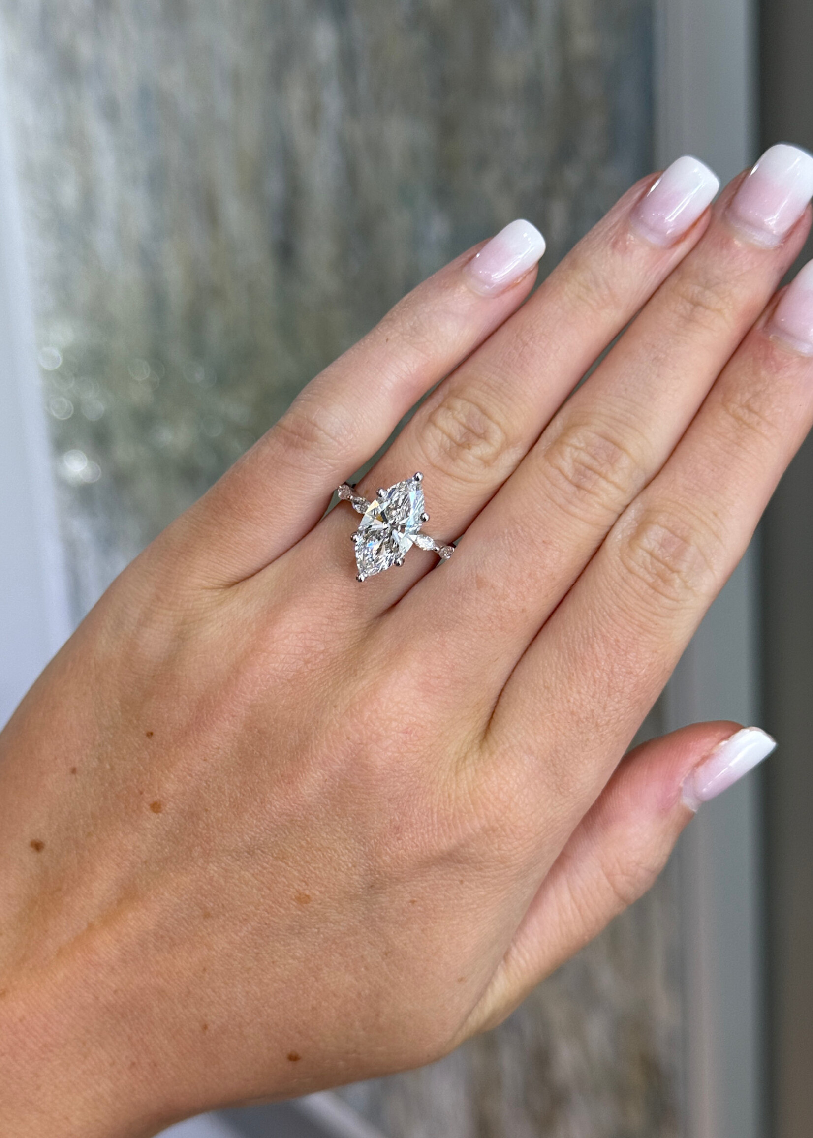 ASH 14kW 3ct LabGrown Diamond Marquise cut with .31ctw Marquise cut diamond sides stones + Hidden Halo _ diamond prongs