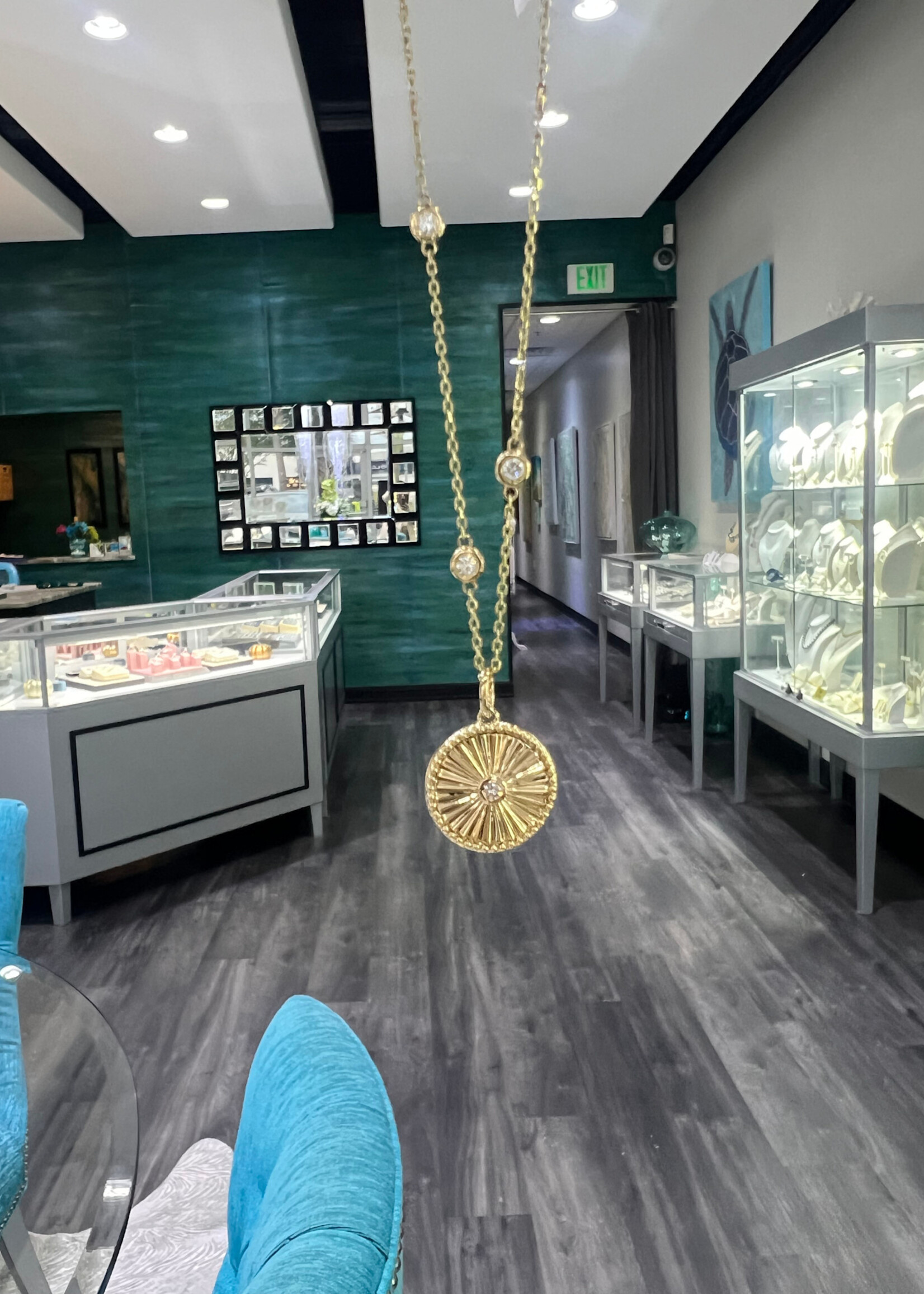 14kY Gold Disk pendant with bezel set diamond. On  14kY .80ctw Diamonds by the inch chain.