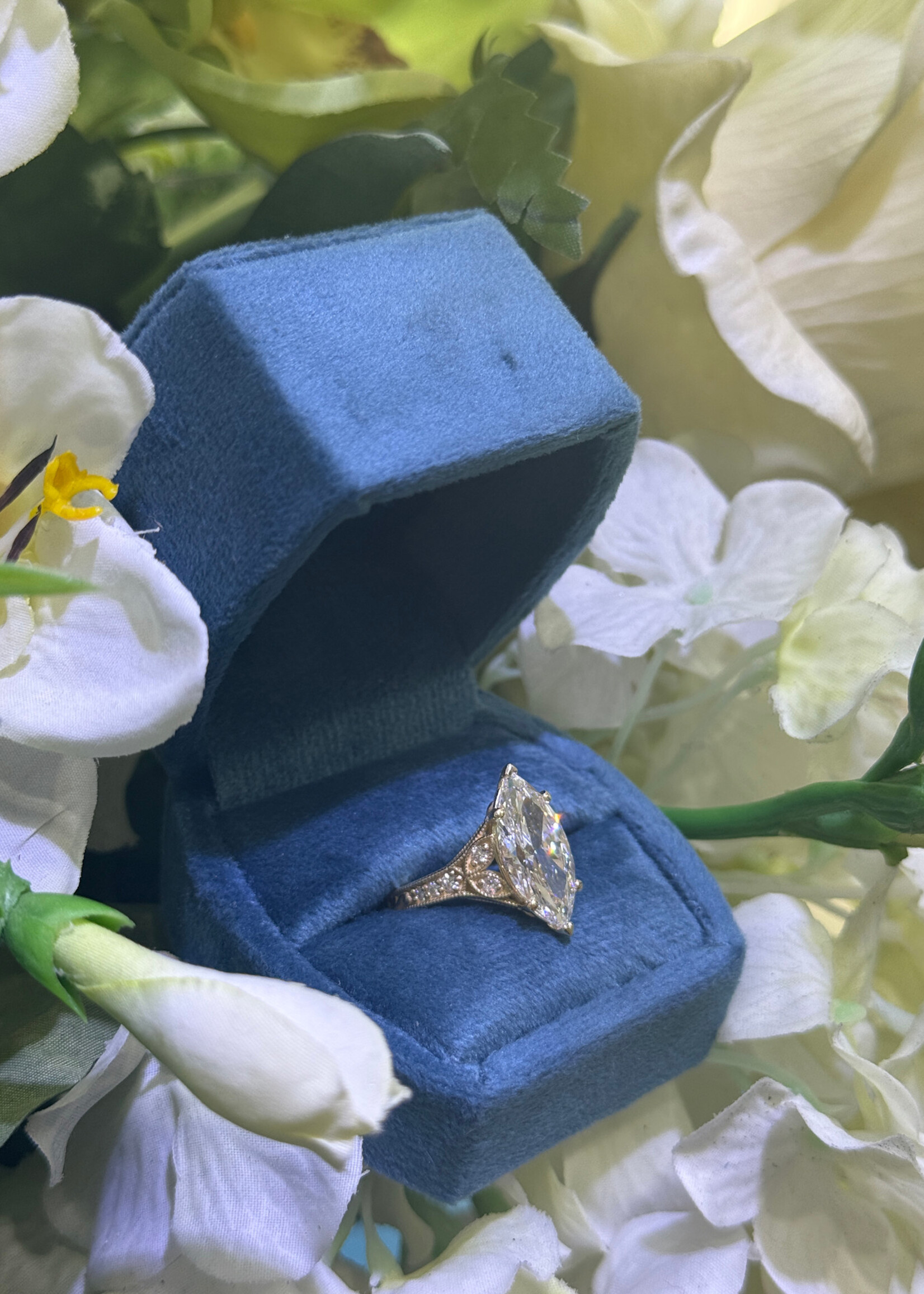 14kY 4ct Marquise Cut Labgrown diamond engagement ring with accent diamonds, milgrain and engraved details.