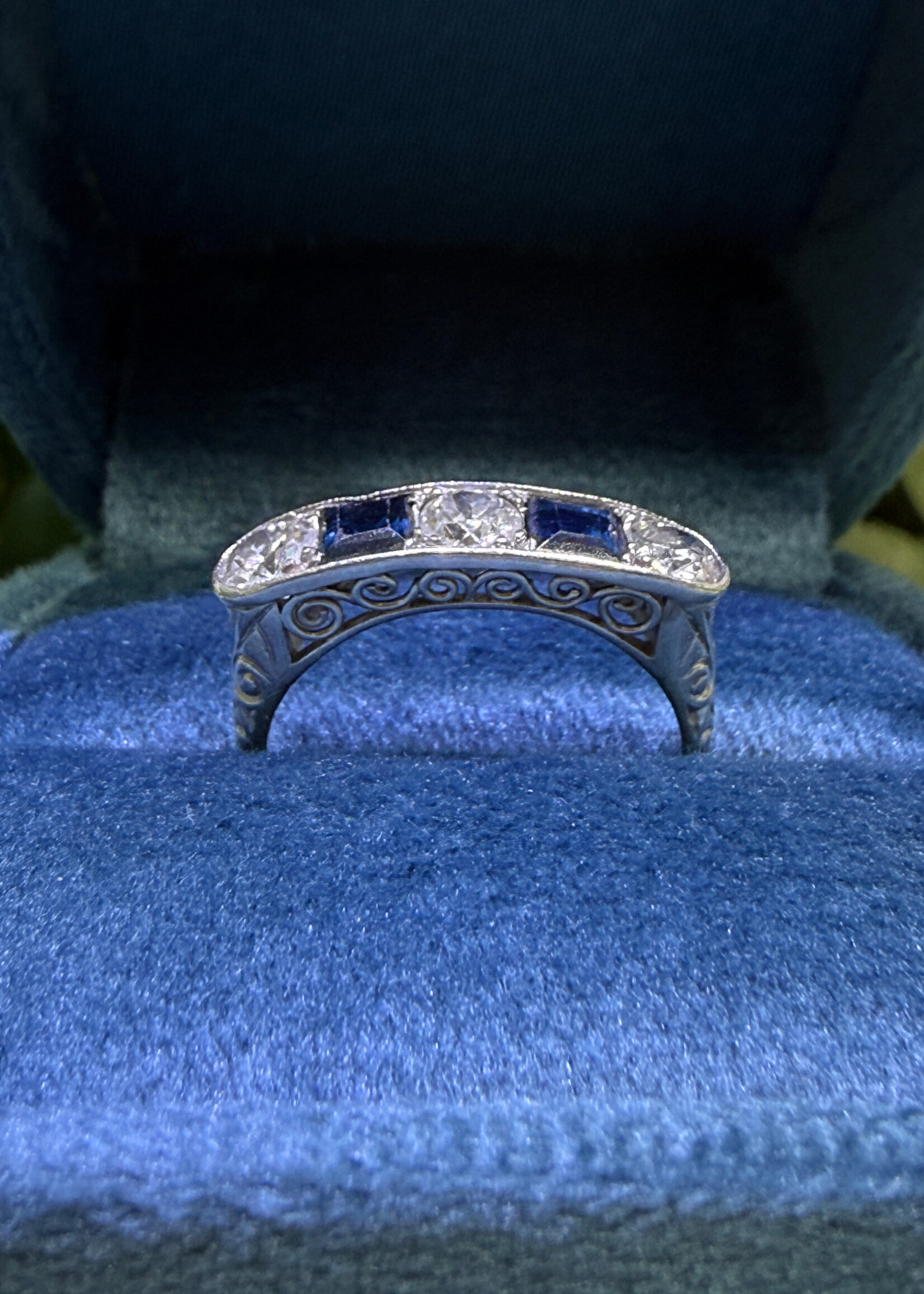 Platinum Estate Ring with 3 European cut Diamonds .35ctw + 3 Sapphires .50ctw (approximate weights)