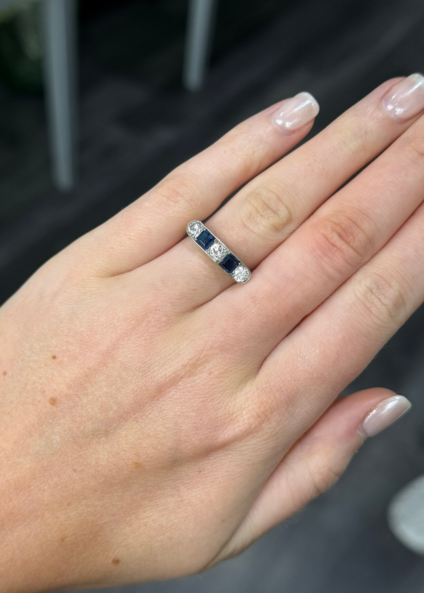 Platinum Estate Ring with 3 European cut Diamonds .35ctw + 3 Sapphires .50ctw (approximate weights)