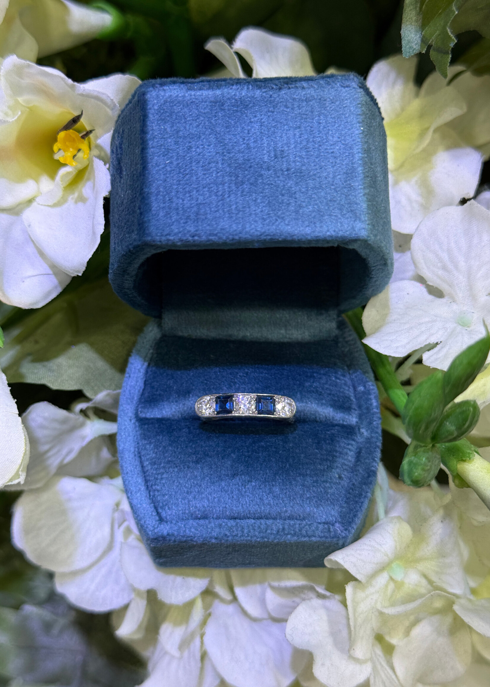 Platinum Estate Ring with 3 European cut Diamonds .35ctw + 3 Sapphires .50ctw (approximate weights)