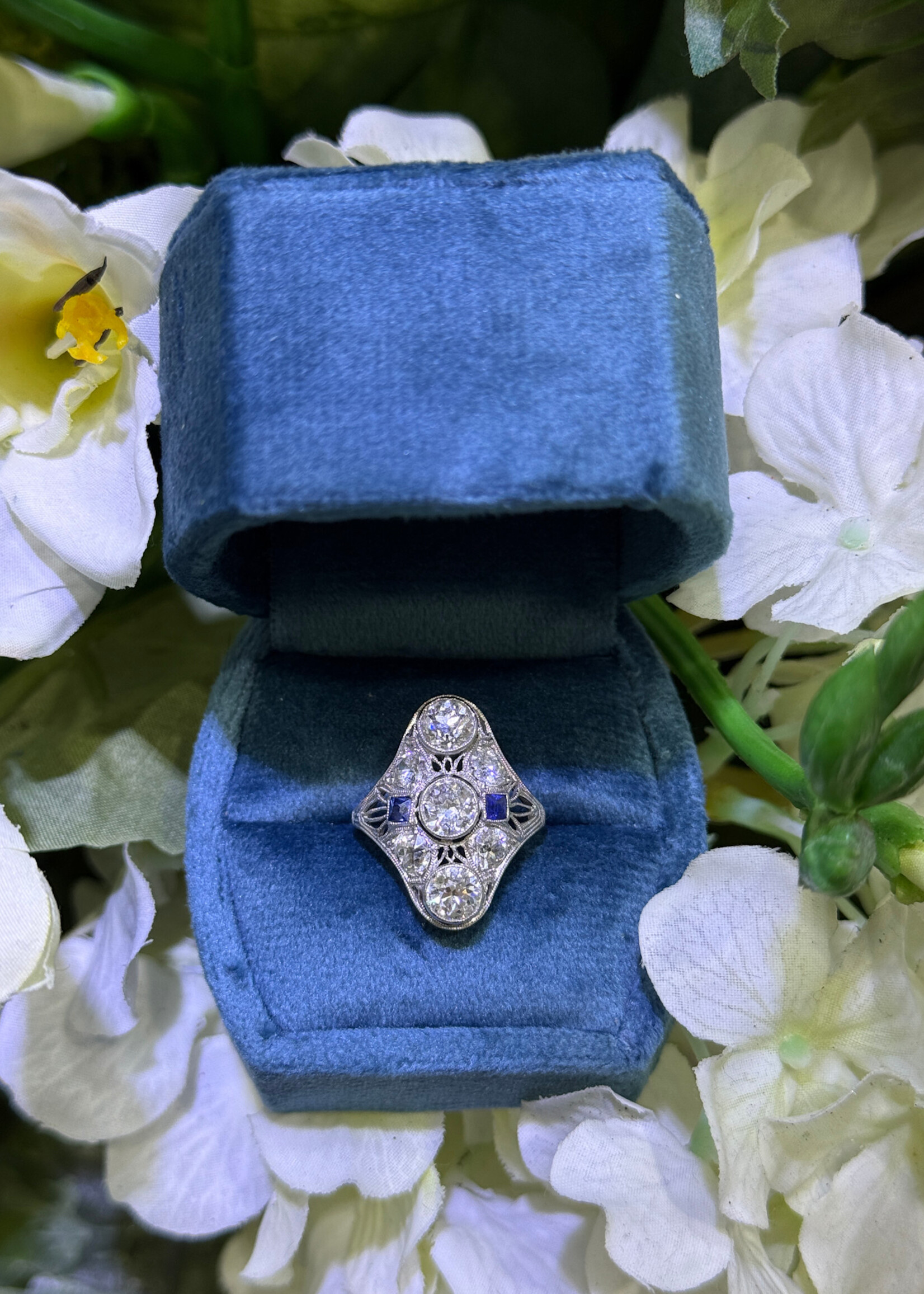 Platinum + 18k Edwardian Style Ring with 2ct+ European cut diamonds and 2 Sapphires. Excellent Condition. Size 6
