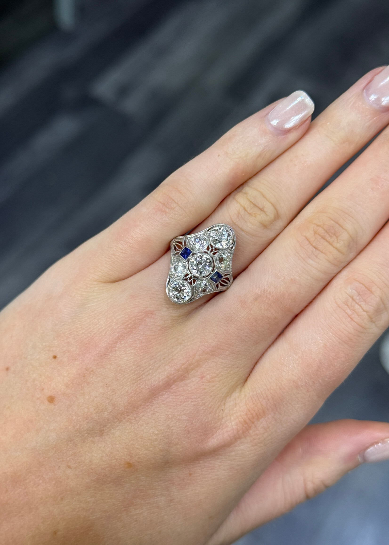 Platinum + 18k Edwardian Style Ring with 2ct+ European cut diamonds and 2 Sapphires. Excellent Condition. Size 6