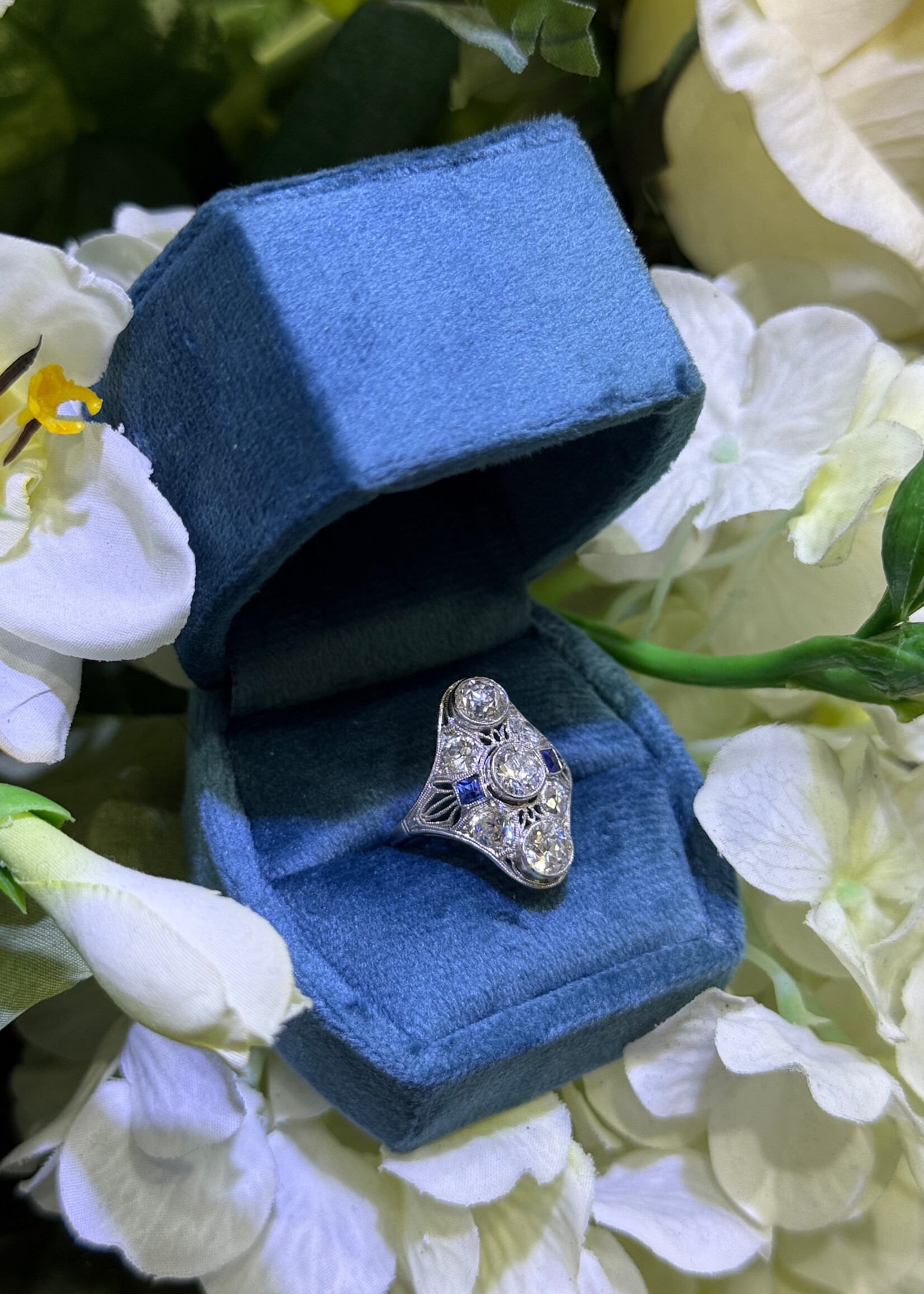 Platinum + 18k Edwardian Style Ring with 2ct+ European cut diamonds and 2 Sapphires. Excellent Condition. Size 6