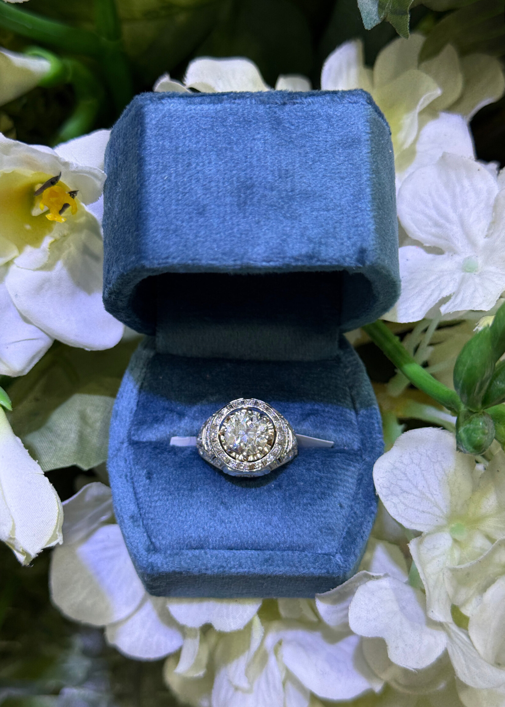 18k 1.99ct European Diamond Antique Halo Ring with single cut diamonds and milgrain detail.