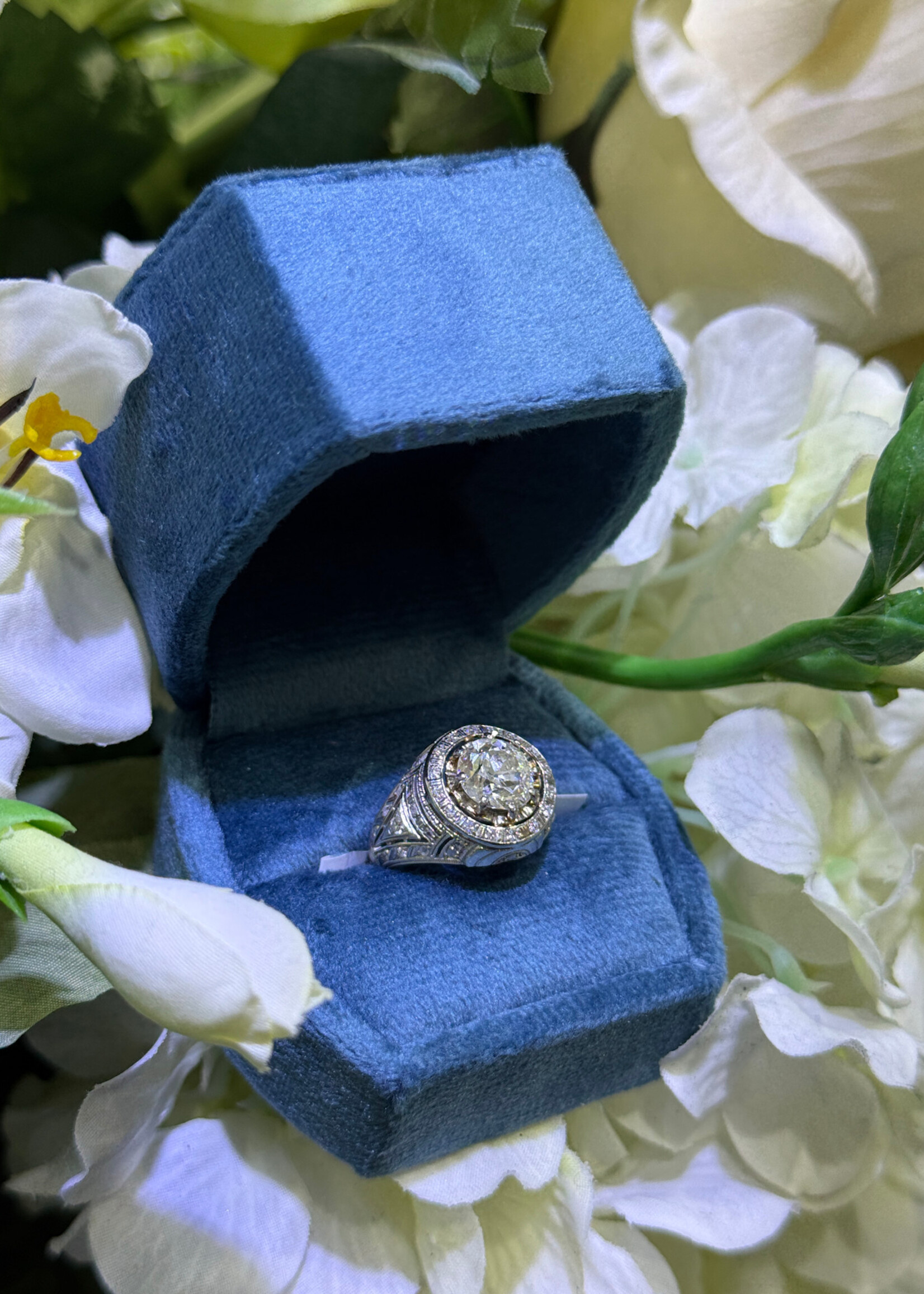 18k 1.99ct European Diamond Antique Halo Ring with single cut diamonds and milgrain detail.