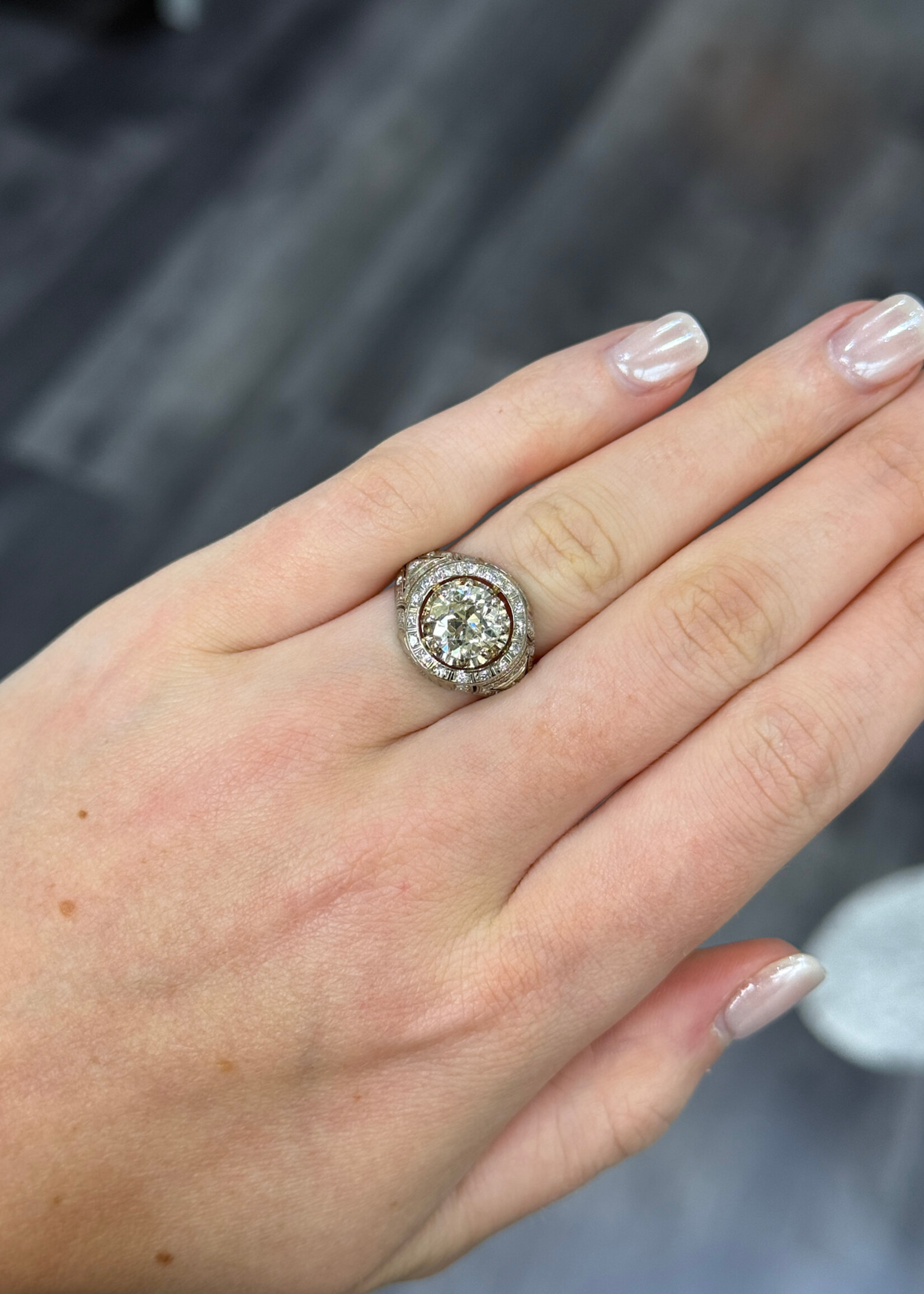 18k 1.99ct European Diamond Antique Halo Ring with single cut diamonds and milgrain detail.