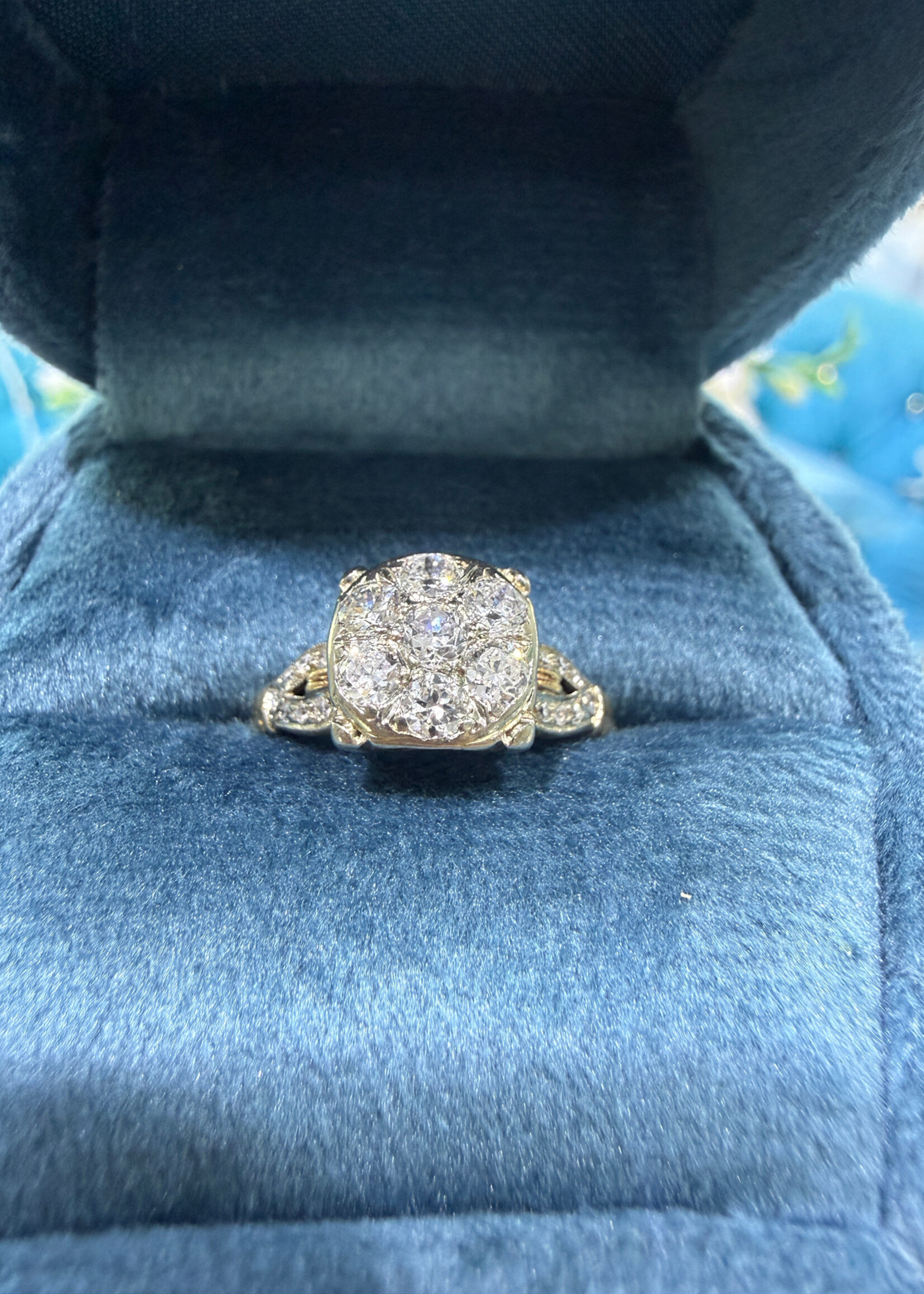 14k Vintage Ring with approximately .70carats of old cut diamonds in white and yellow gold.