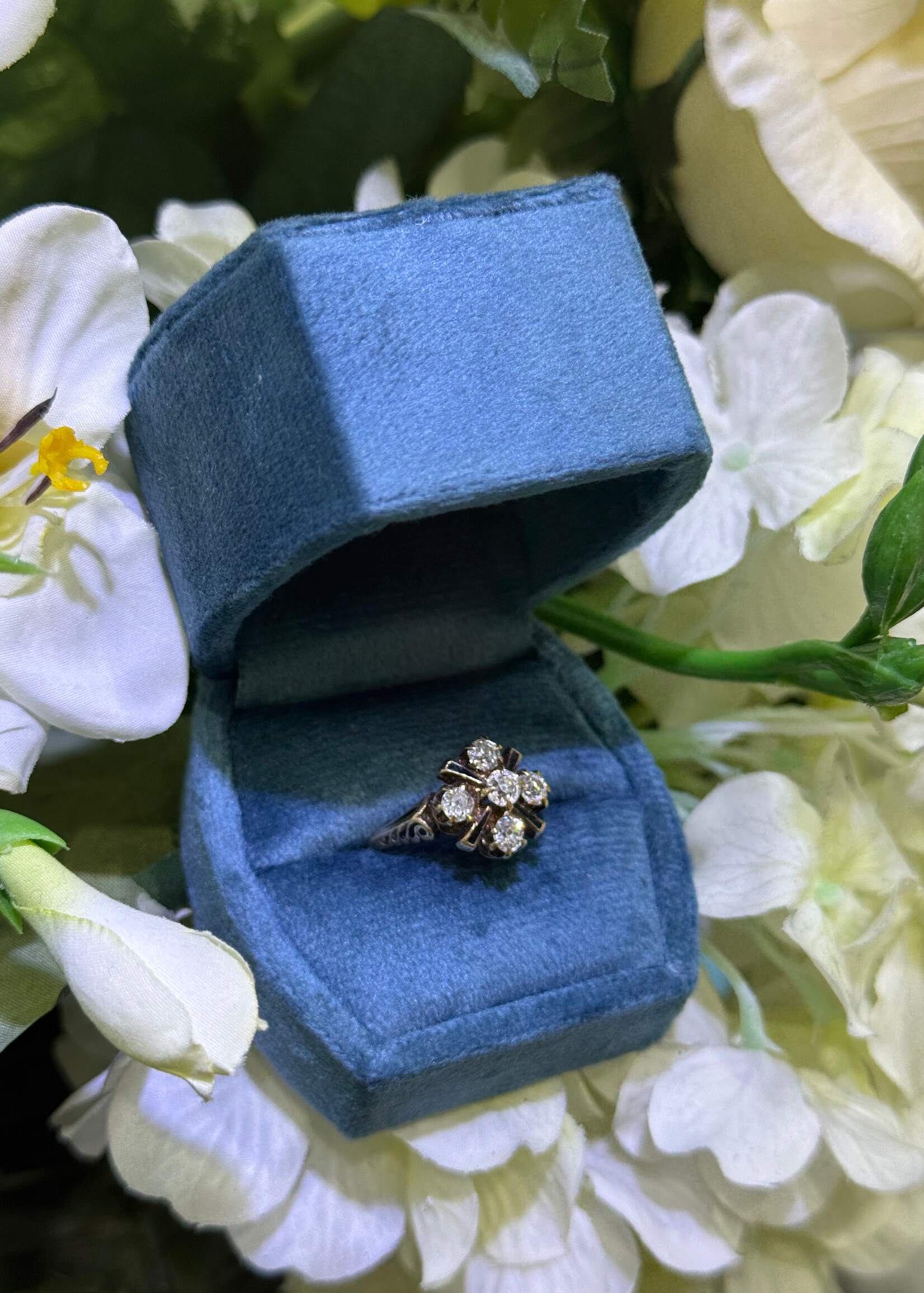 14k Vintage Ring with approximately 1.2carats of mine cut diamonds + black enamel accents