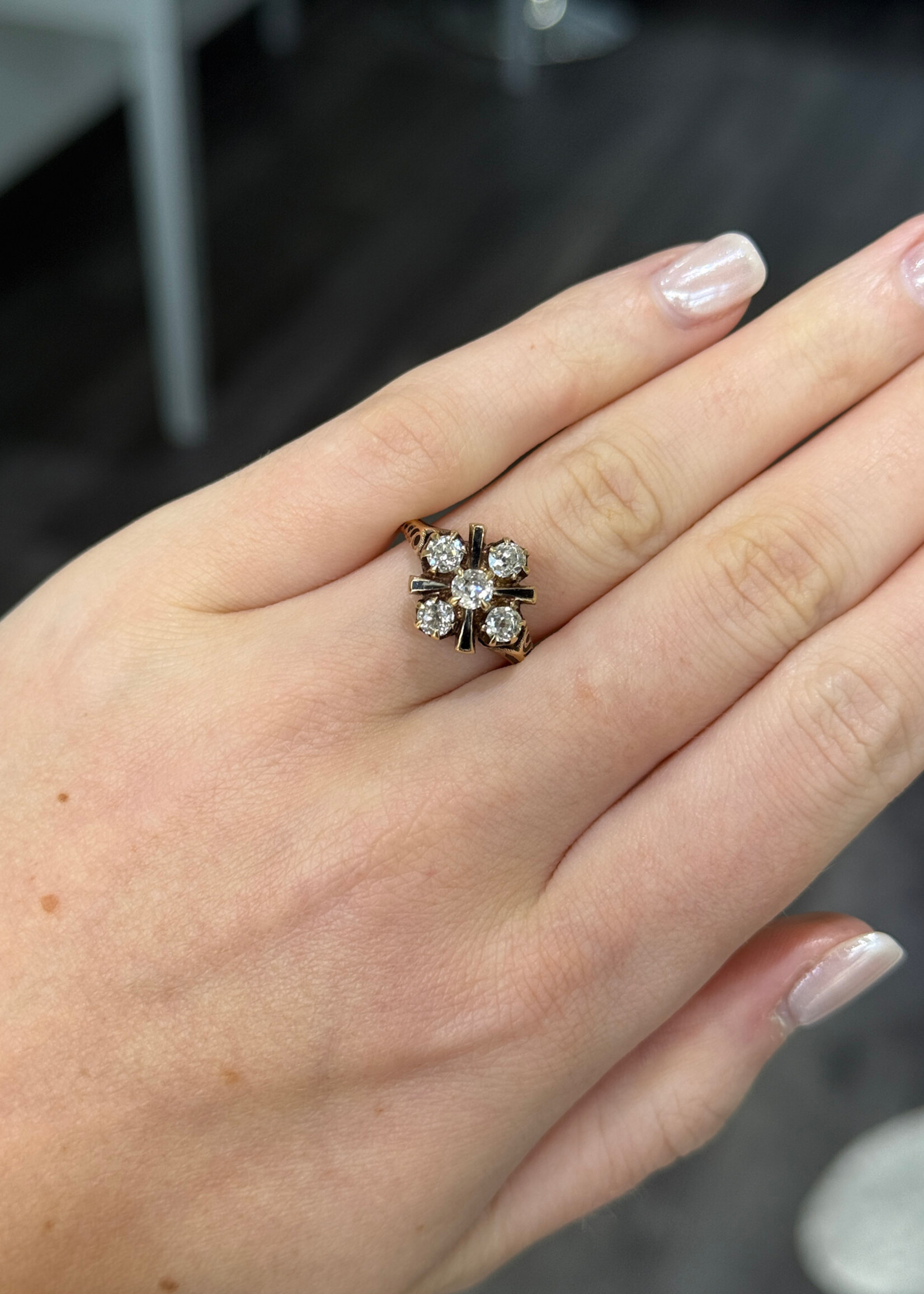 14k Vintage Ring with approximately 1.2carats of mine cut diamonds + black enamel accents