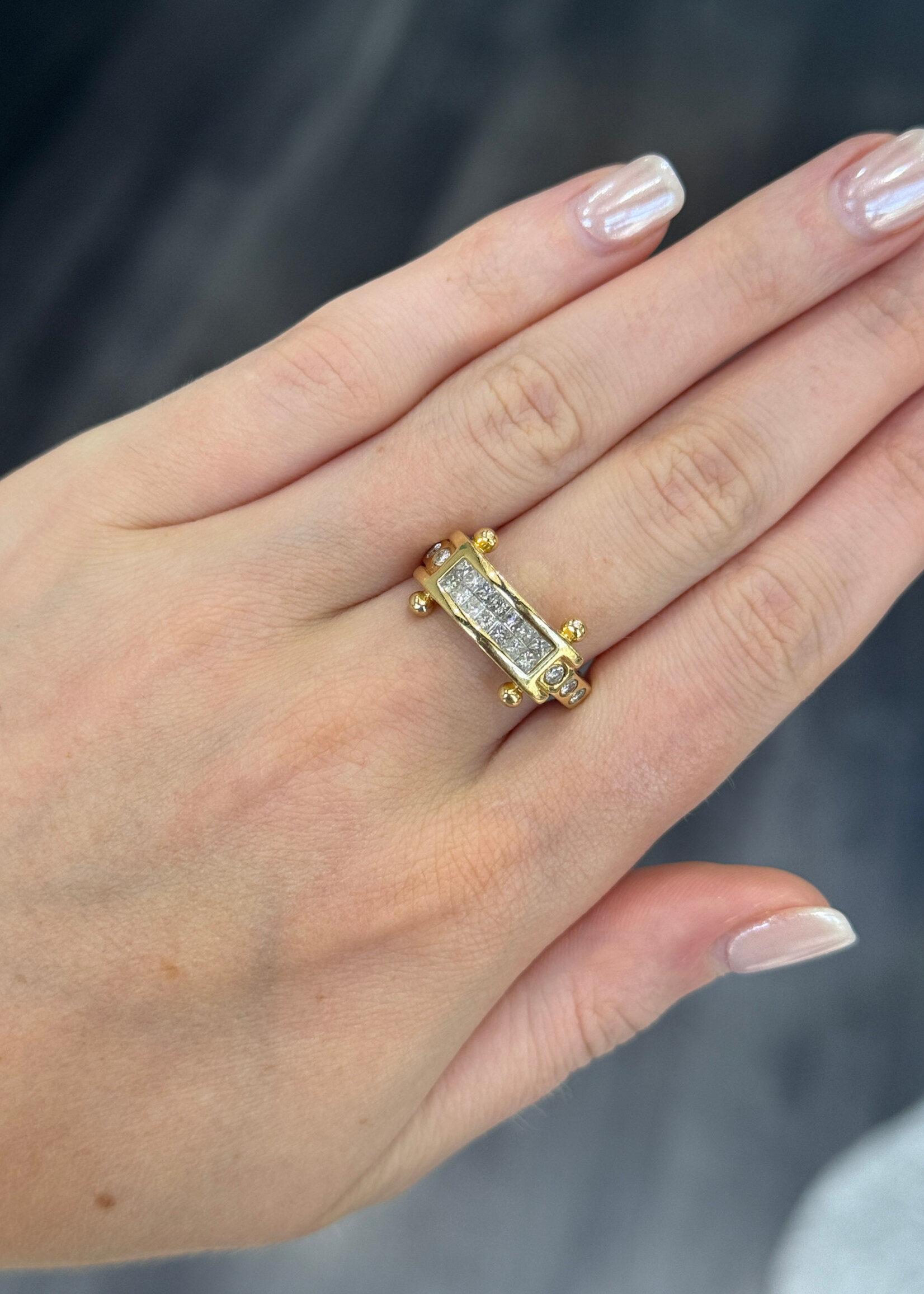 14kY Vintage Ring with Invisible set princess cut diamonds and round accents (.50ctw approximately) Size 8.25
