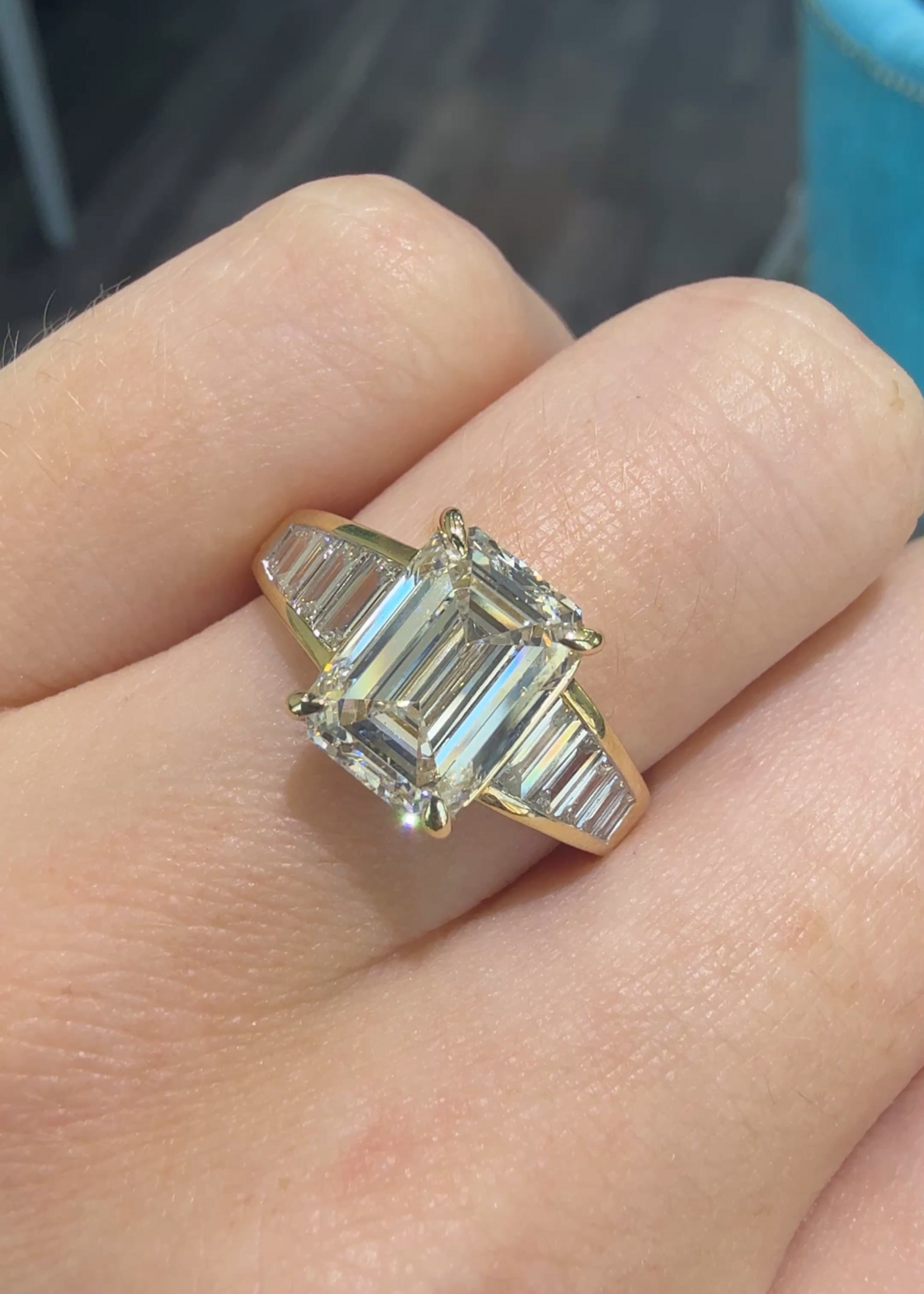 14kY 3.07ct Emerald Cut LabGrown F,VS1 IGI + .65ct Tapered Baguette Cut Labgrown diamonds