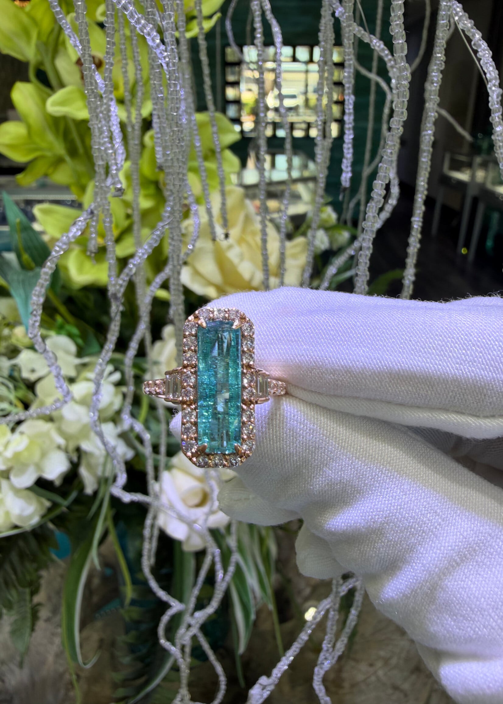 18k Rose Gold 3.4ct Green Tourmaline + .61ctw Natural Diamonds.
