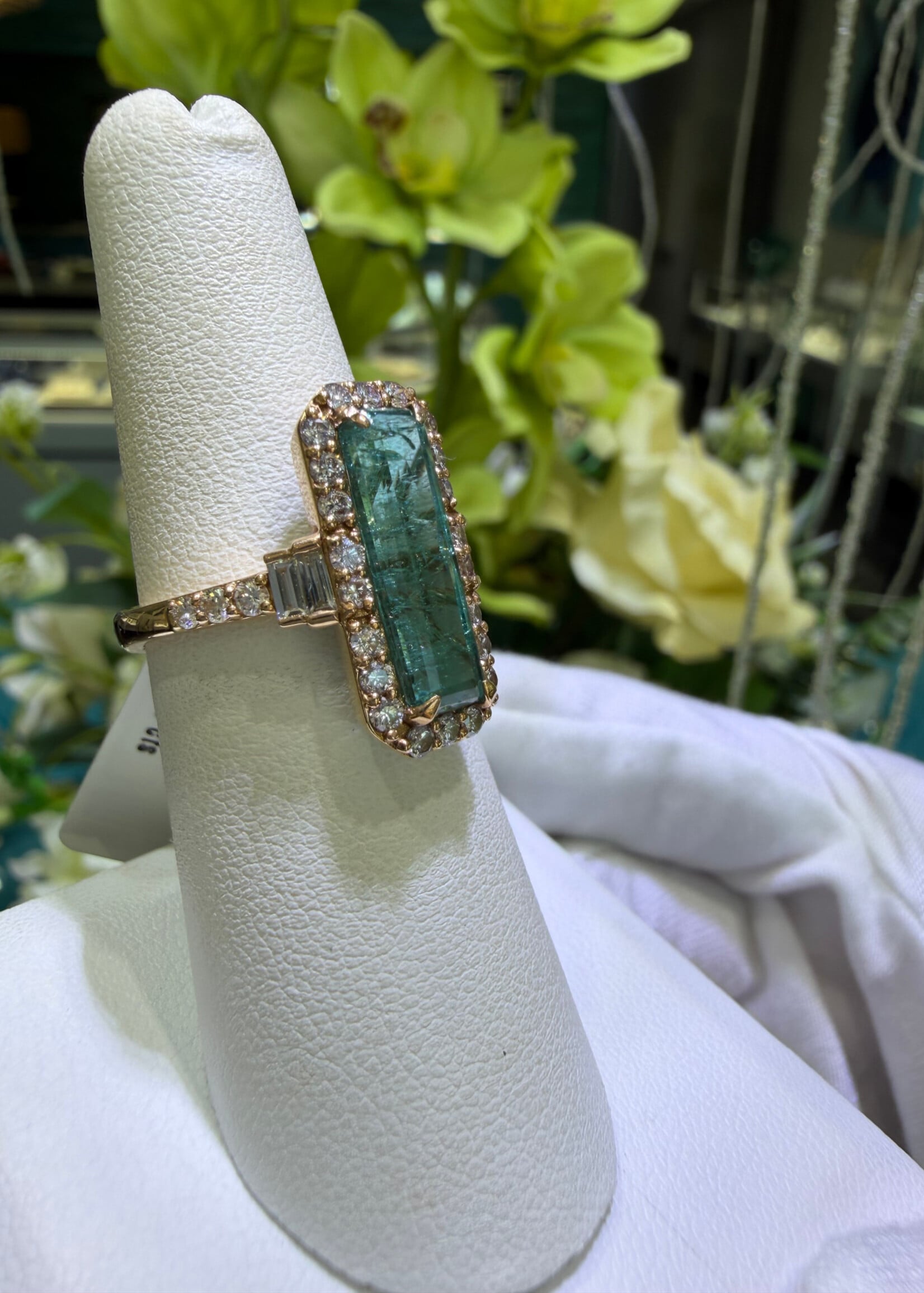 18k Rose Gold 3.4ct Green Tourmaline + .61ctw Natural Diamonds.