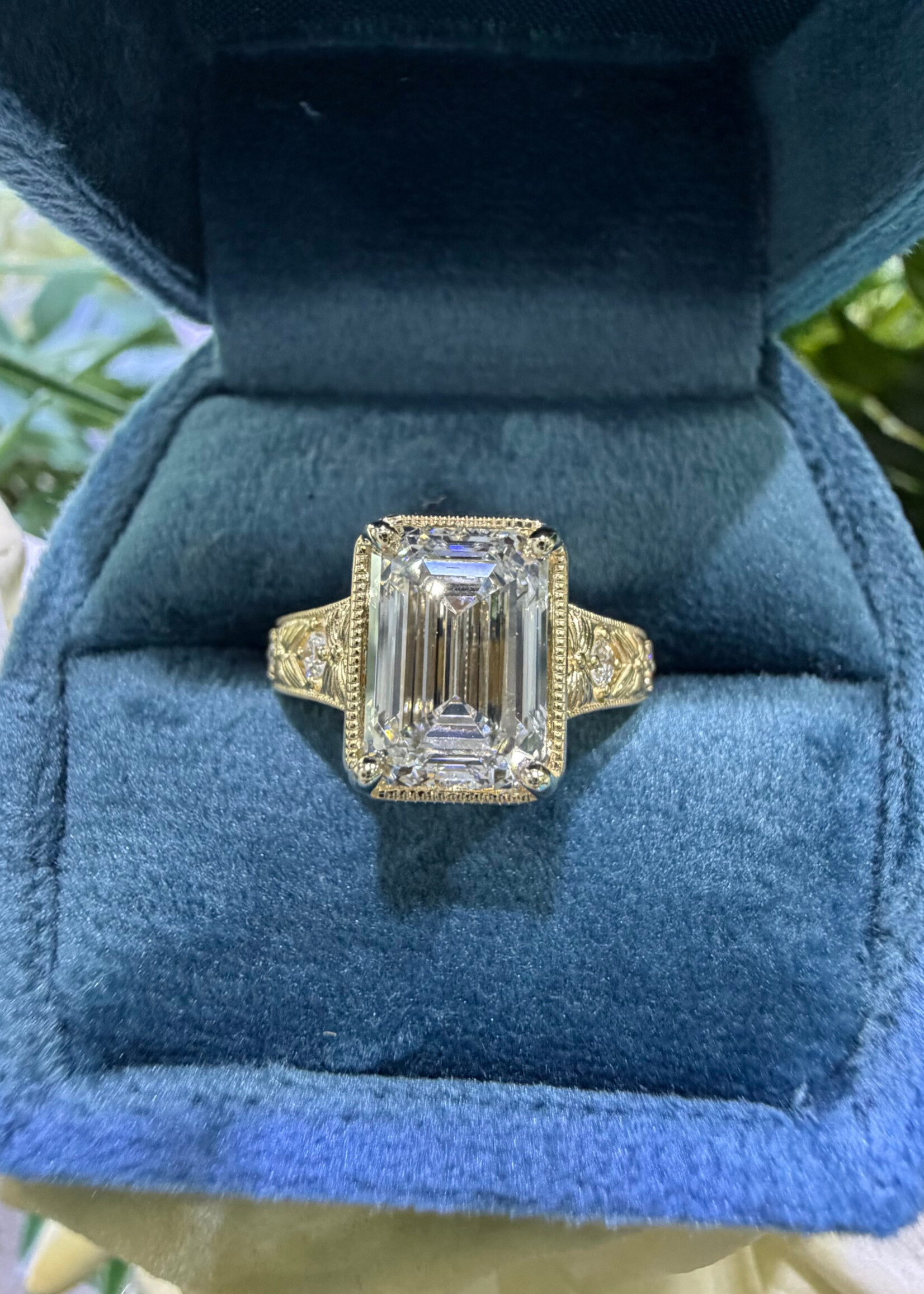 14kY 3ct Emerald Cut LabGrown Diamond F,VS1 + 1/10ctw milgrain and engraved details.