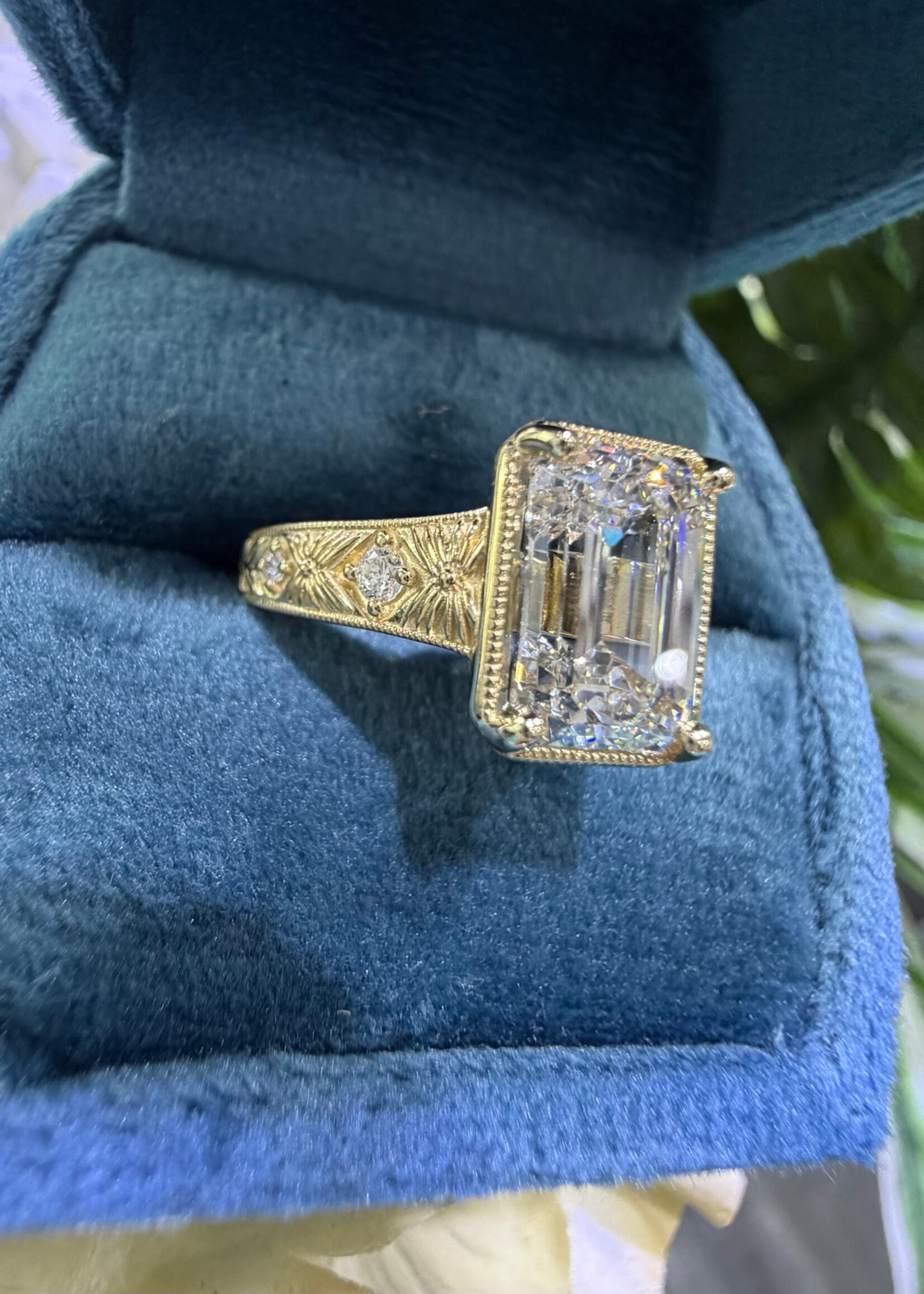 14kY 3ct Emerald Cut LabGrown Diamond F,VS1 + 1/10ctw milgrain and engraved details.