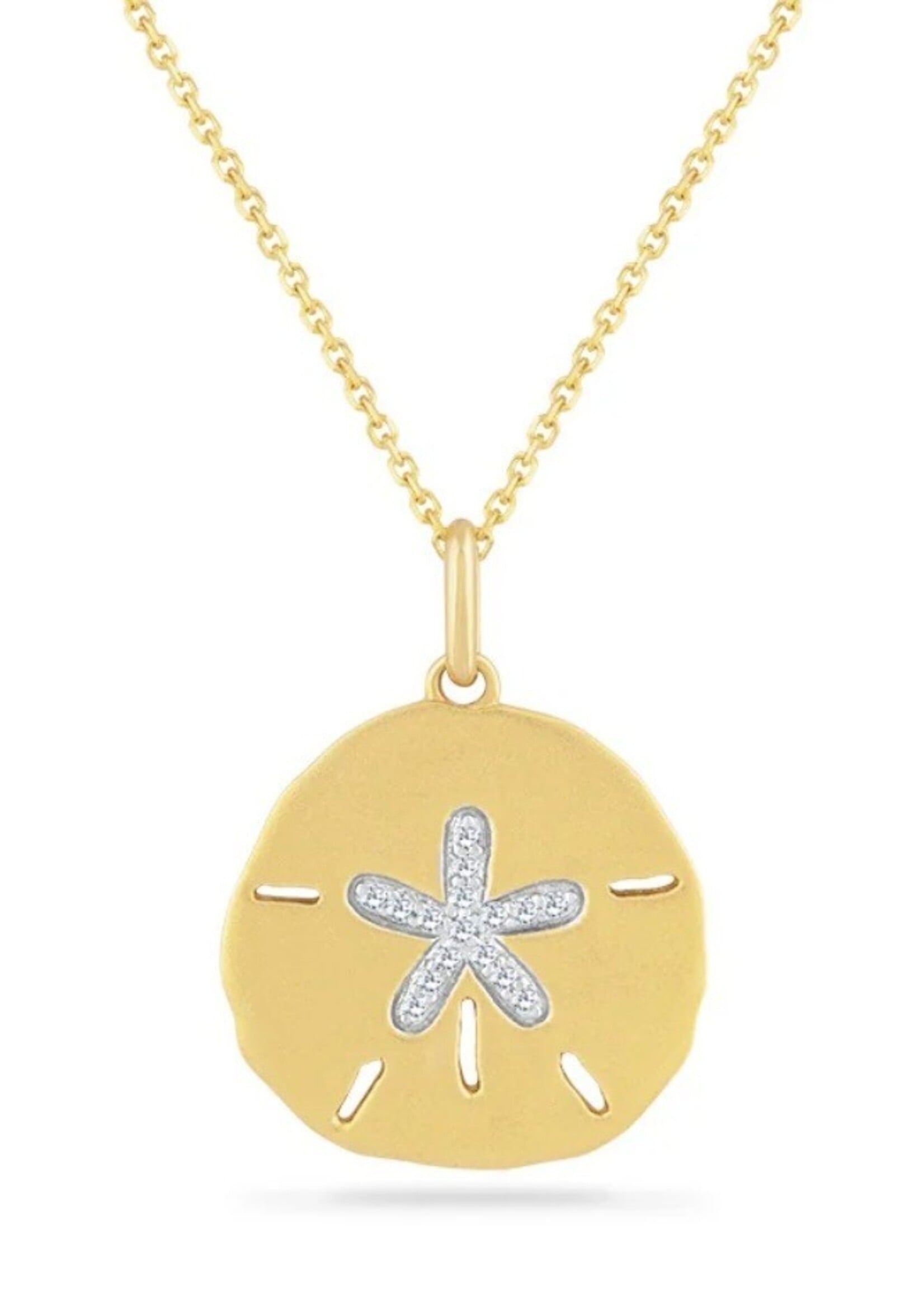 14k Yellow Gold Sand dollar pendant 16 Diamonds 0.085CT with 18" cable chain.