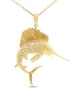 Shula NY 14k Yellow gold Sail Fish necklace with 66 round diamonds totaling 0.28ct on 18' chain 28mm x 28mm