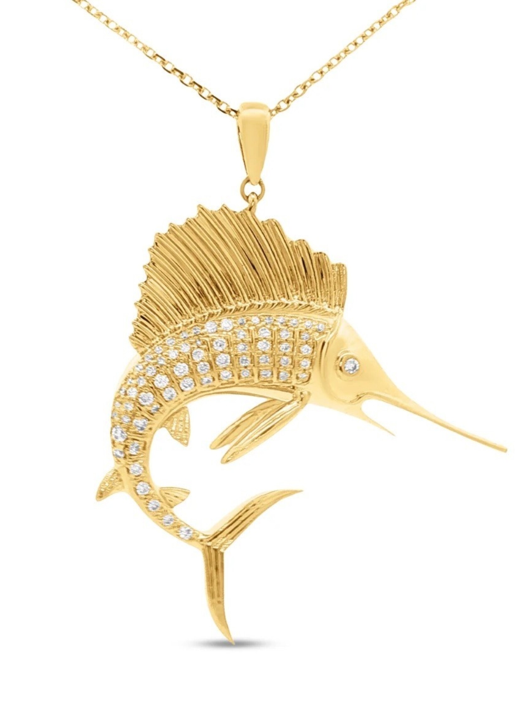 Shula NY 14k Yellow gold Sail Fish necklace with 66 round diamonds totaling 0.28ct on 18' chain 28mm x 28mm