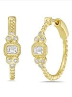 14k hoop earrings with 2 Emerald cut diamonds 0.36ct & 12 Round diamonds 0.14ct t.w. 0.50ct