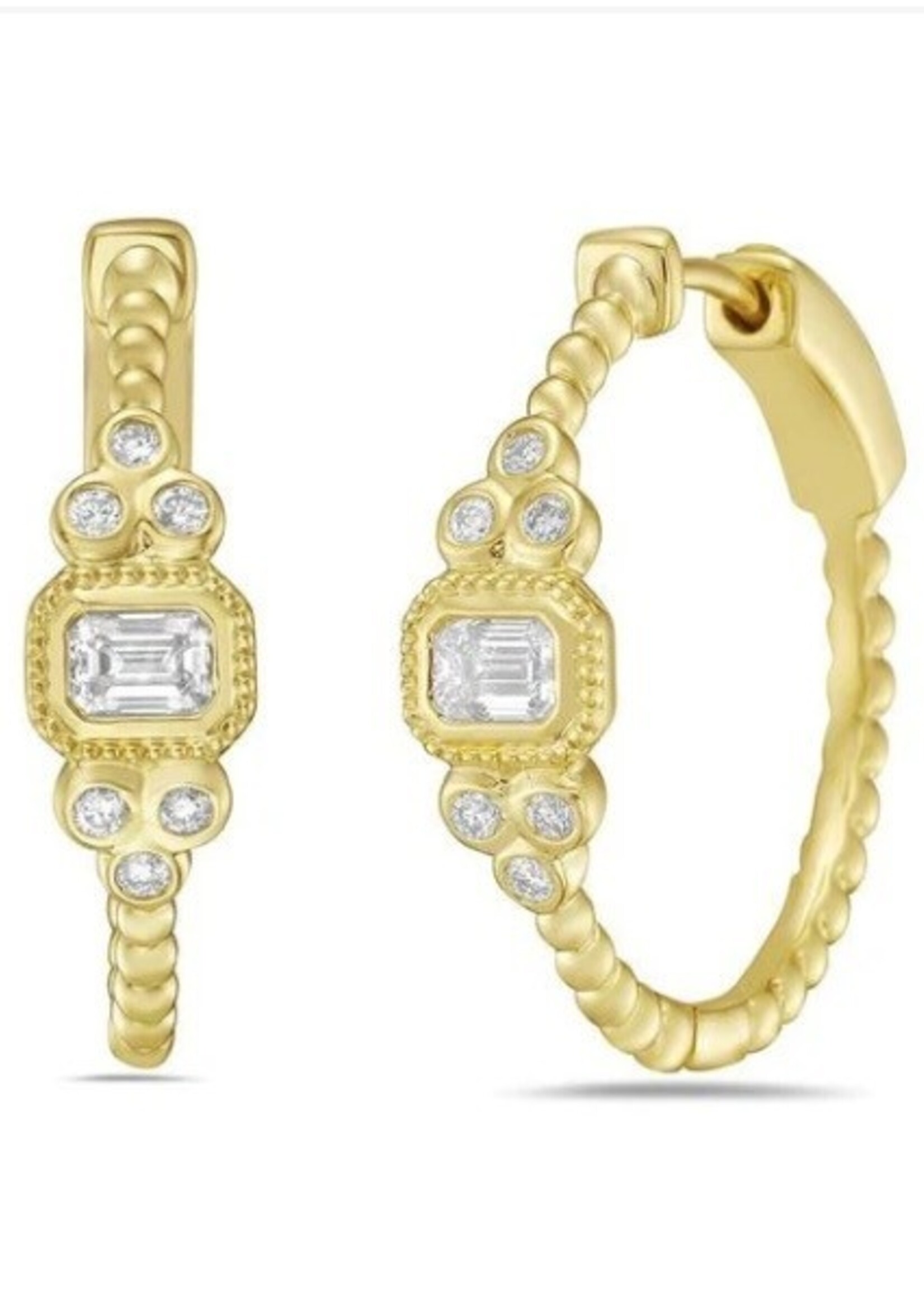 14k hoop earrings with 2 Emerald cut diamonds 0.36ct & 12 Round diamonds 0.14ct t.w. 0.50ct
