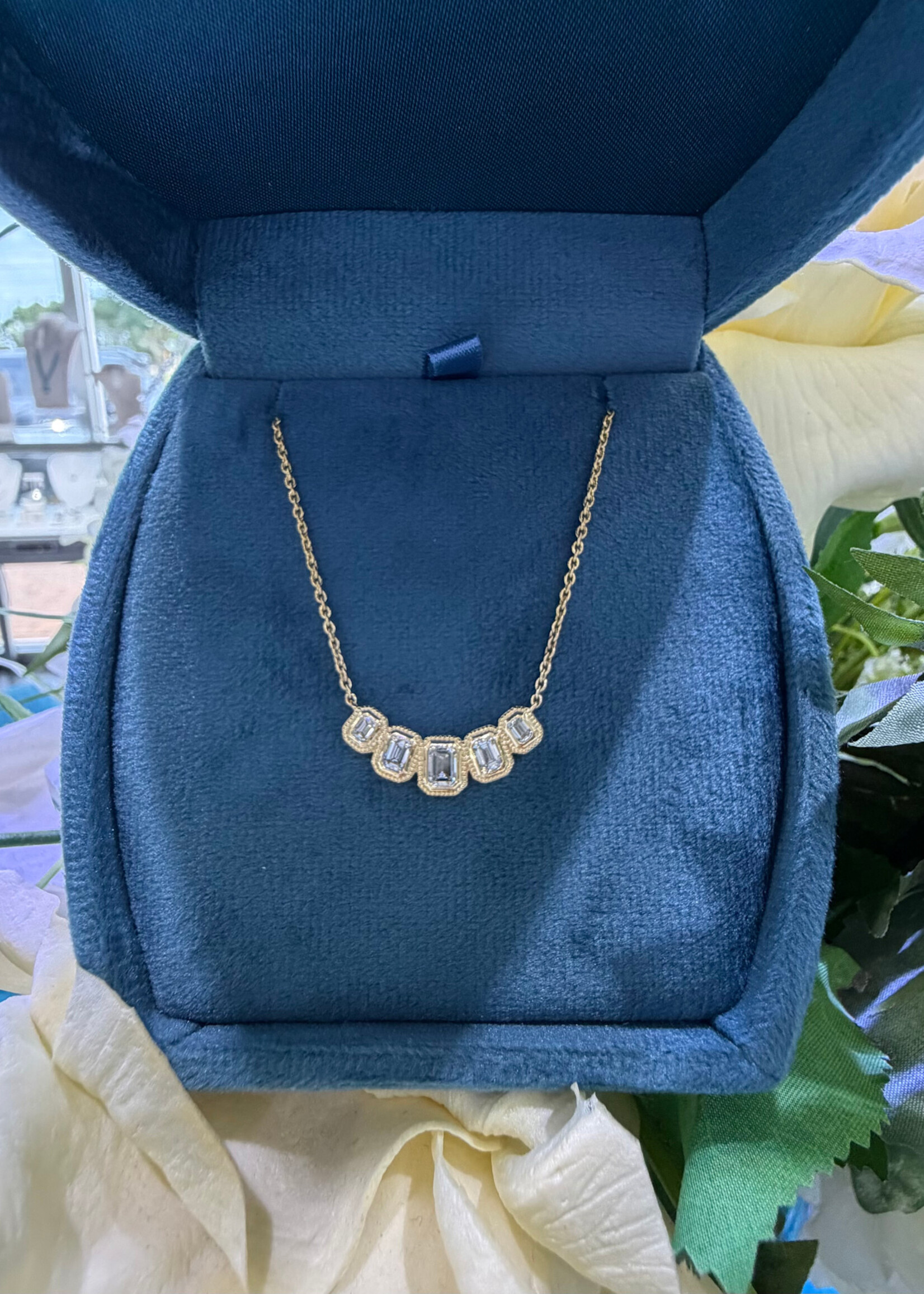 14k Yellow Gold Necklace with Five Emerald Cut Diamonds .78ctw