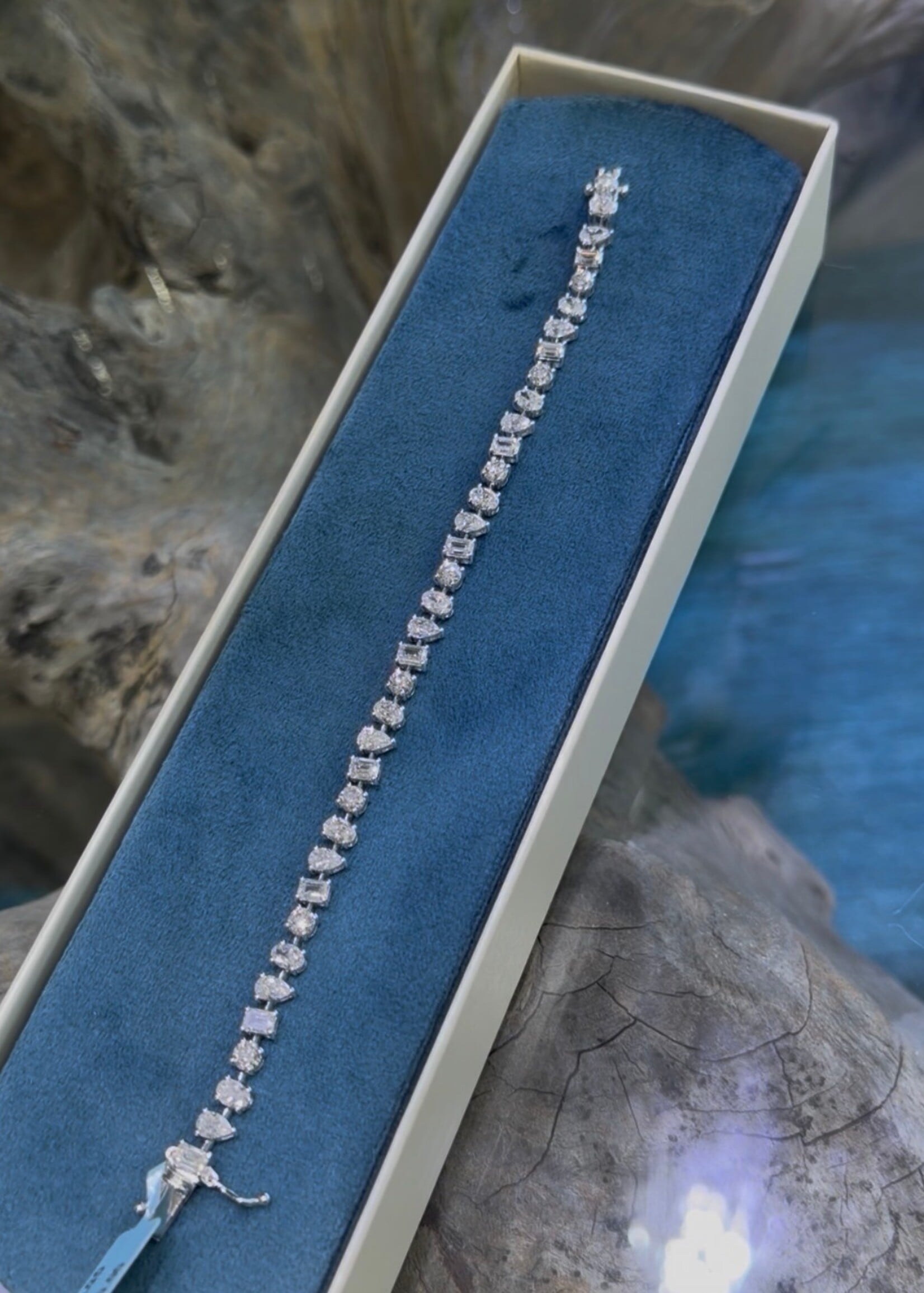 14k White Gold 8.5ctw LabGrown Diamond Tennis Bracelet with Emerald, Pear, Oval and Round Cut diamonds.