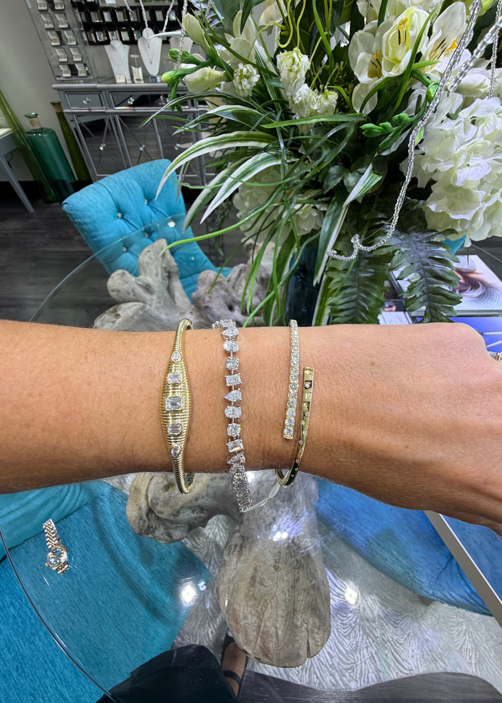 14k White Gold 8.5ctw LabGrown Diamond Tennis Bracelet with Emerald, Pear, Oval and Round Cut diamonds.