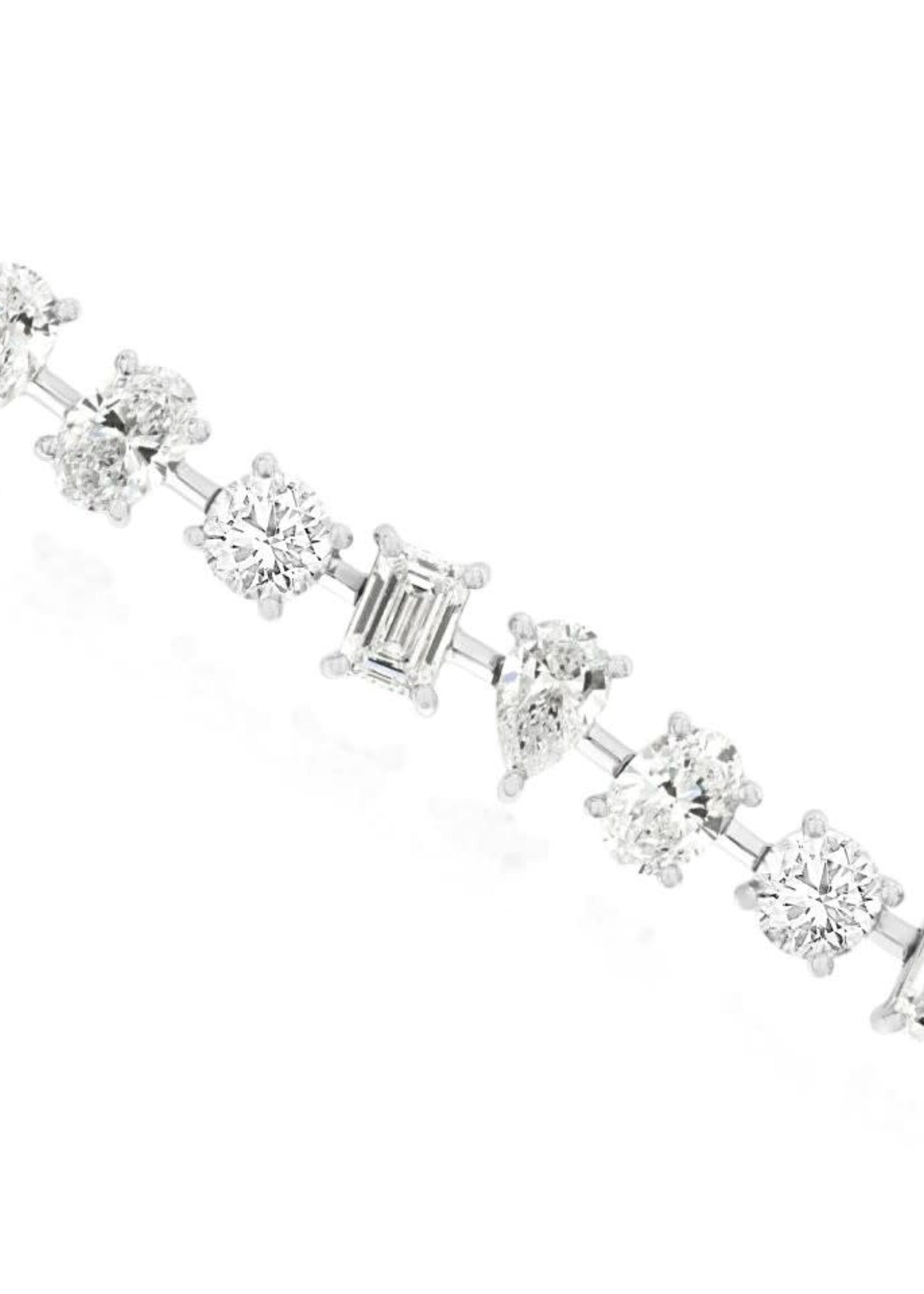 14k White Gold 8.5ctw LabGrown Diamond Tennis Bracelet with Emerald, Pear, Oval and Round Cut diamonds.