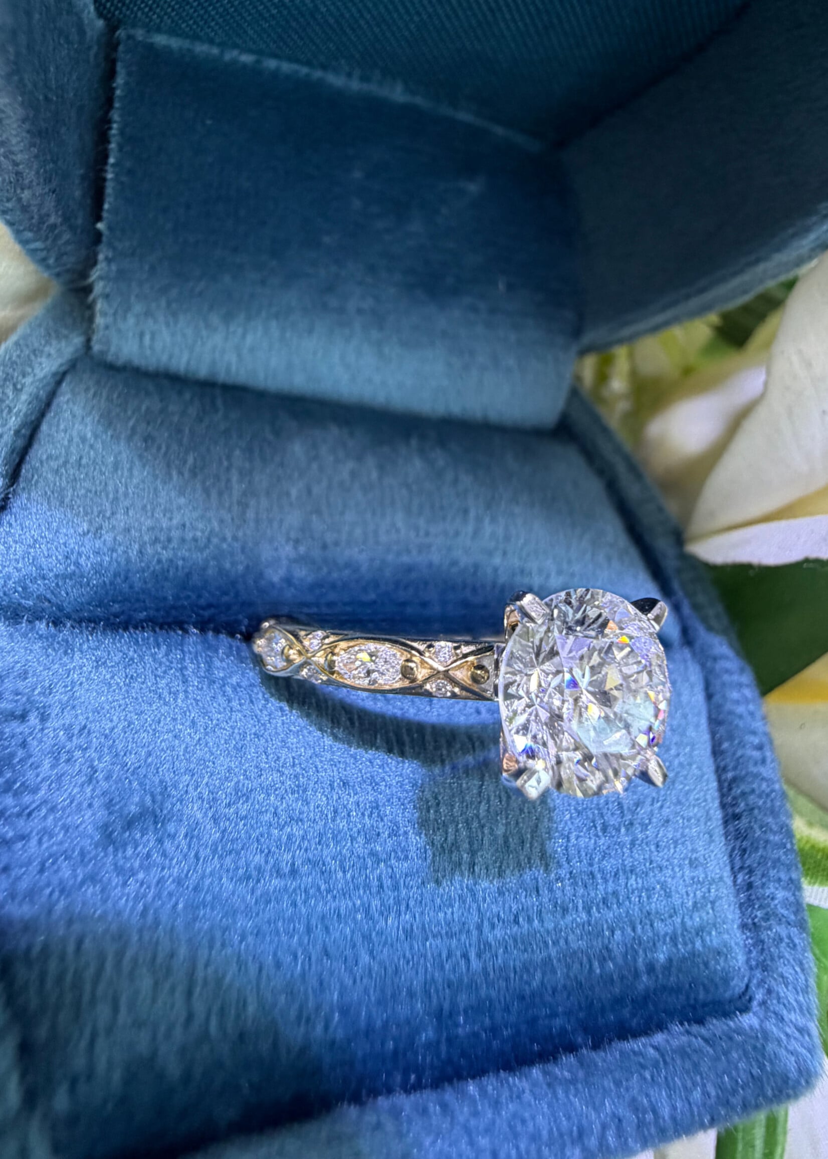 14kY 2ct Round Brilliant LabGrown Diamond Engagement Ring with .30ctw detailed setting (marquise and round cut labgrown diamonds)