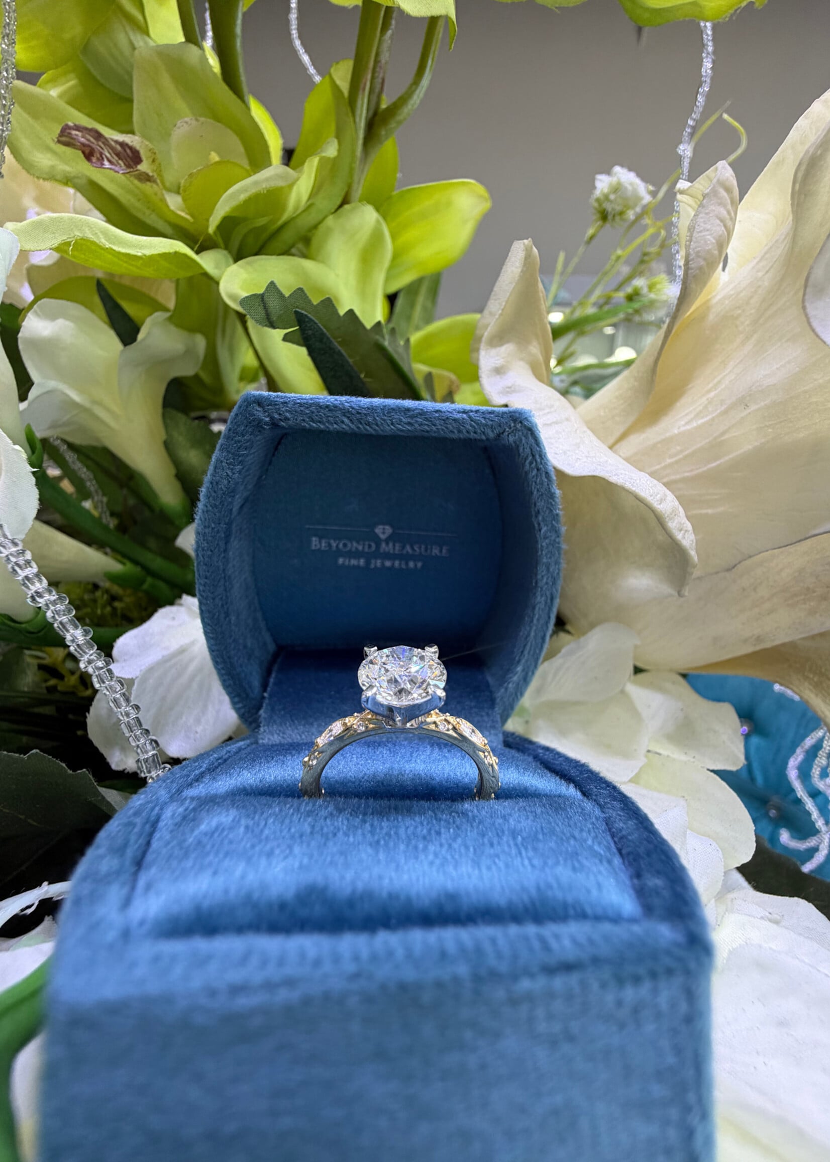 14kY 2ct Round Brilliant LabGrown Diamond Engagement Ring with .30ctw detailed setting (marquise and round cut labgrown diamonds)