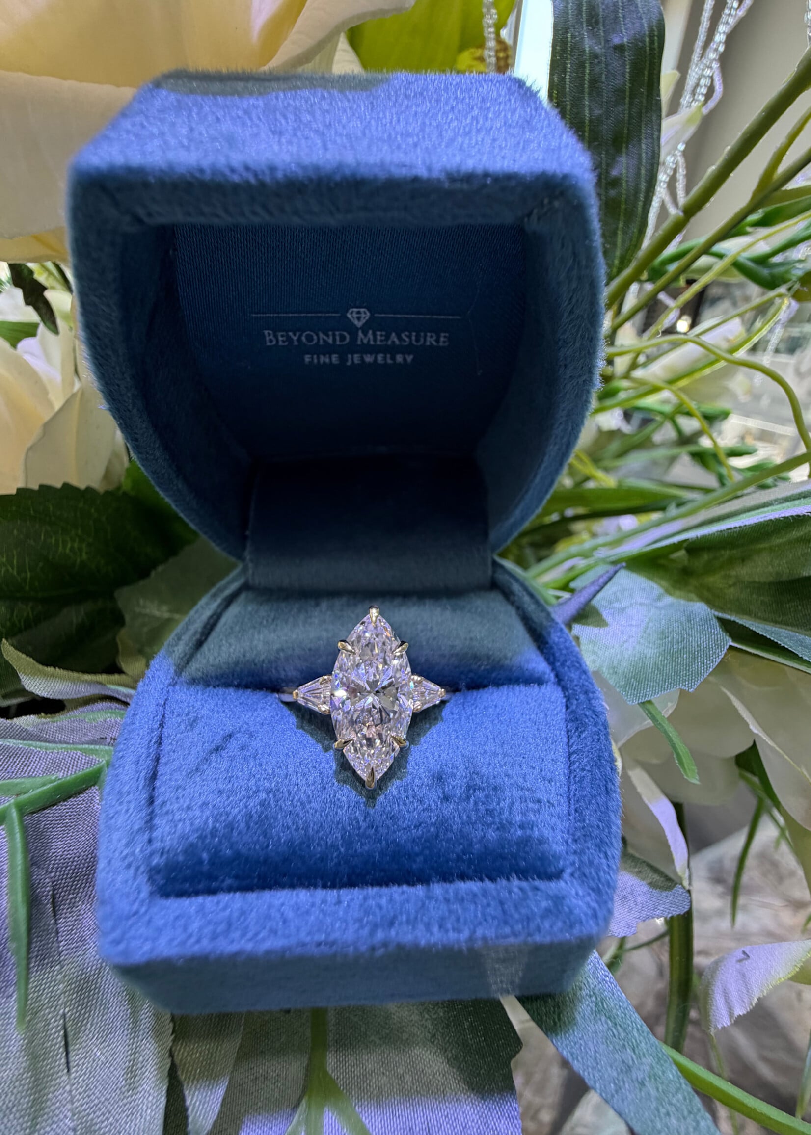 14k Yellow Gold 3.07ct Marquise cut LabGrown Diamond Engagement Ring + .51ctw accent shield cuts