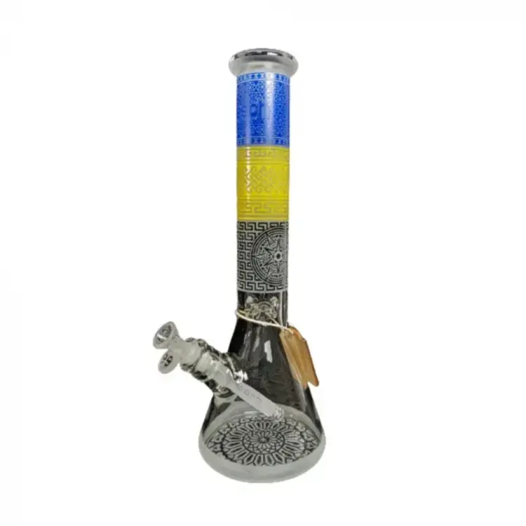 Cheech Cheech - Blasted Aztec Pattern Beaker | 15" Blue/Yellow/Black