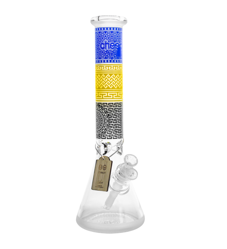 Cheech Cheech - Blasted Aztec Pattern Beaker | 15" Blue/Yellow/Black