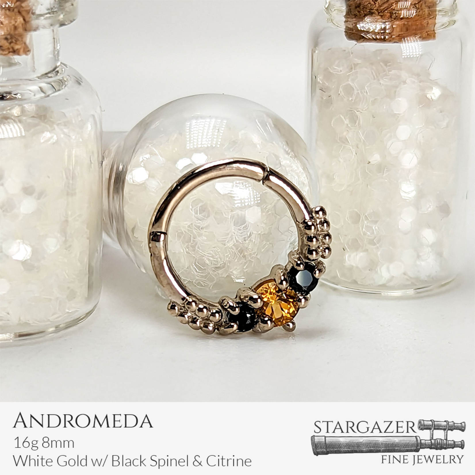 Andromeda 16g 8mm; White Gold with Citrine and Black Spinel