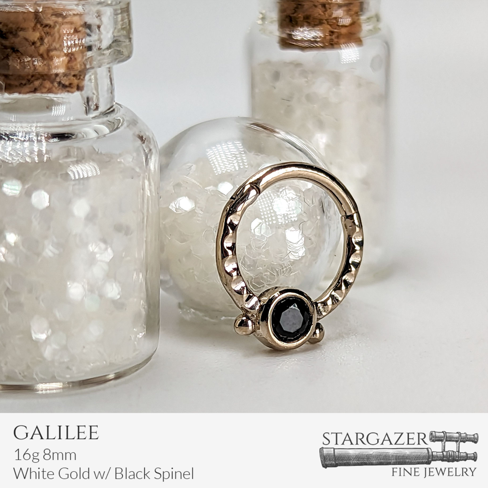 Galilee 16g 8mm; White Gold with Black Spinel