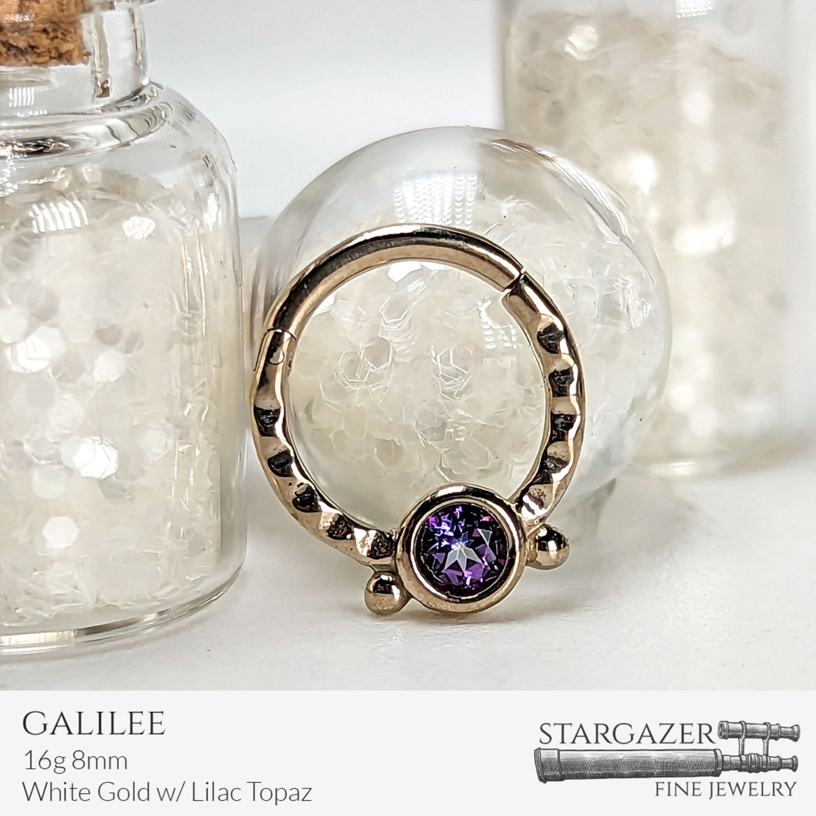 Galilee 16g 8mm; White Gold with Lilac Topaz