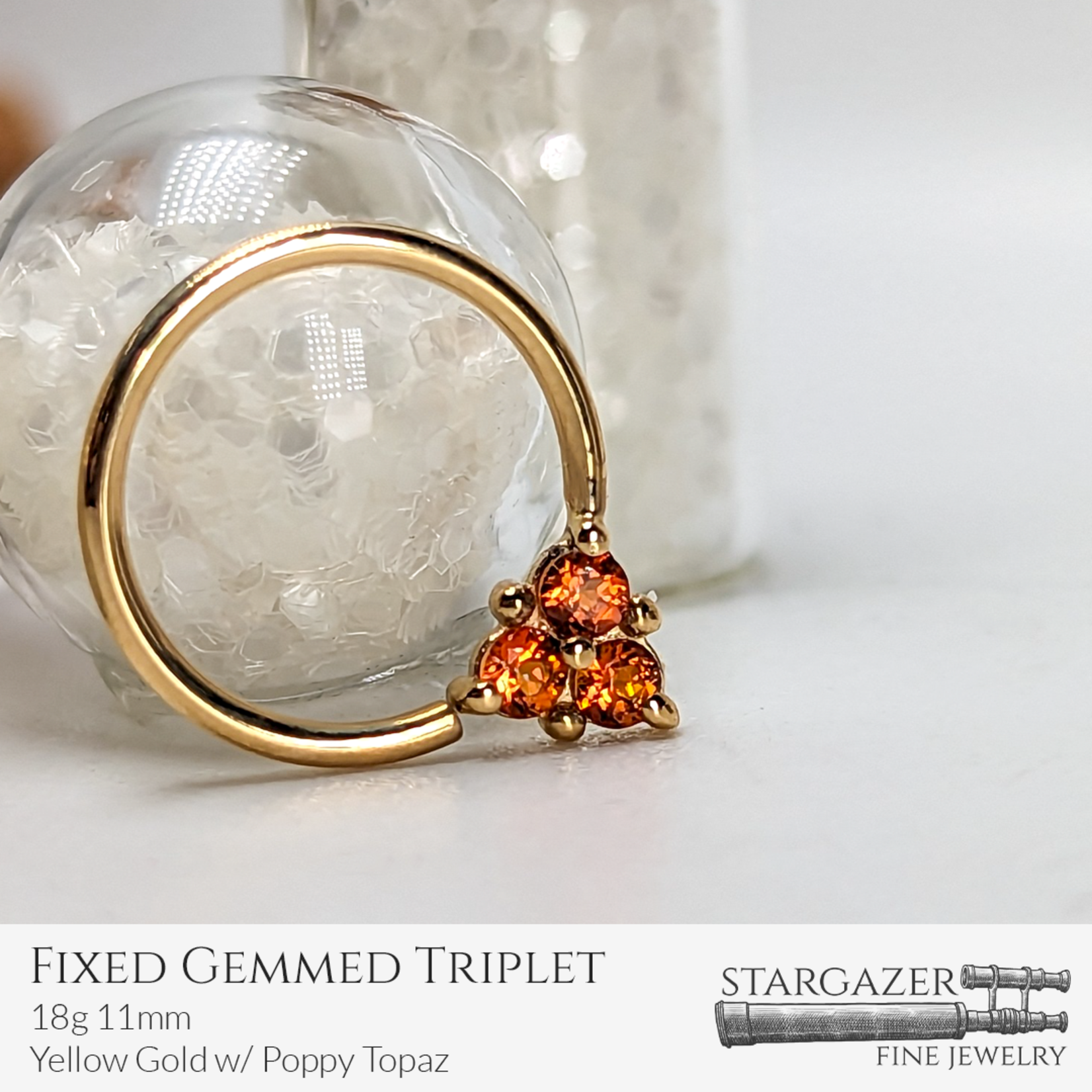 Fixed Gemmed Triplet 18g 11mm; Yellow Gold with Poppy Topaz