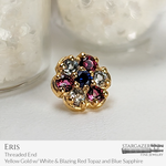 Eris; Yellow Gold with Blazing Red Topaz, White Topaz, and Blue Sapphire