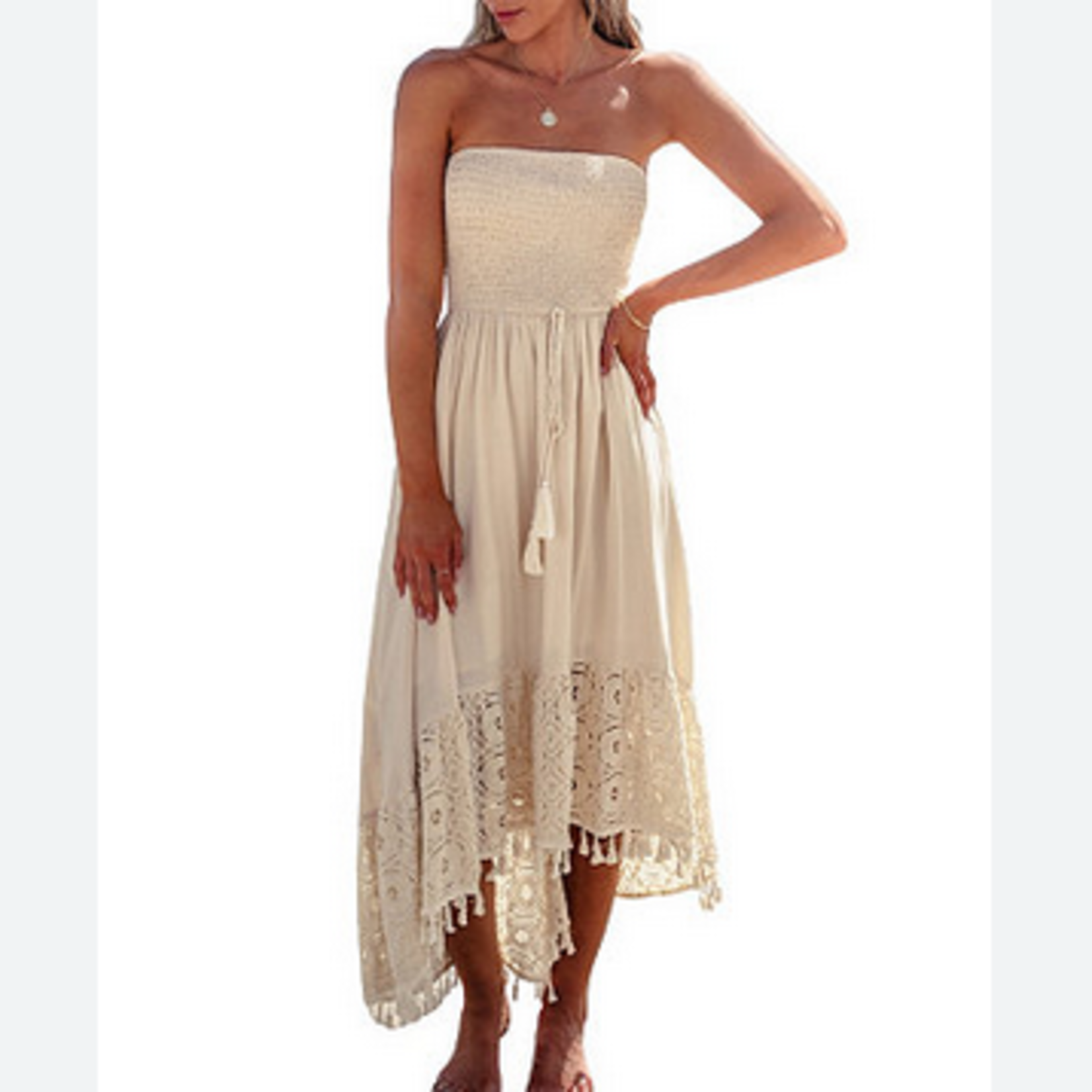 Cupshe Cupshe Sand Smocked Tassel Tie Dress