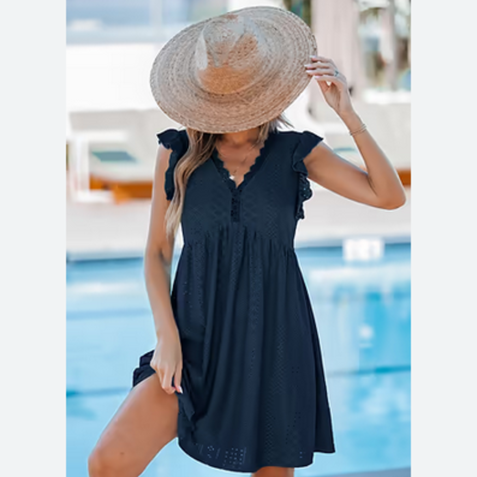 Cupshe Cupshe Navy Flutter Sleeve V-Neck Mini Cover-up Dress