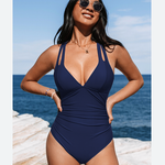 Cupshe Cupshe Navy Blue Ruched Long Torso One-Piece Swimsuit