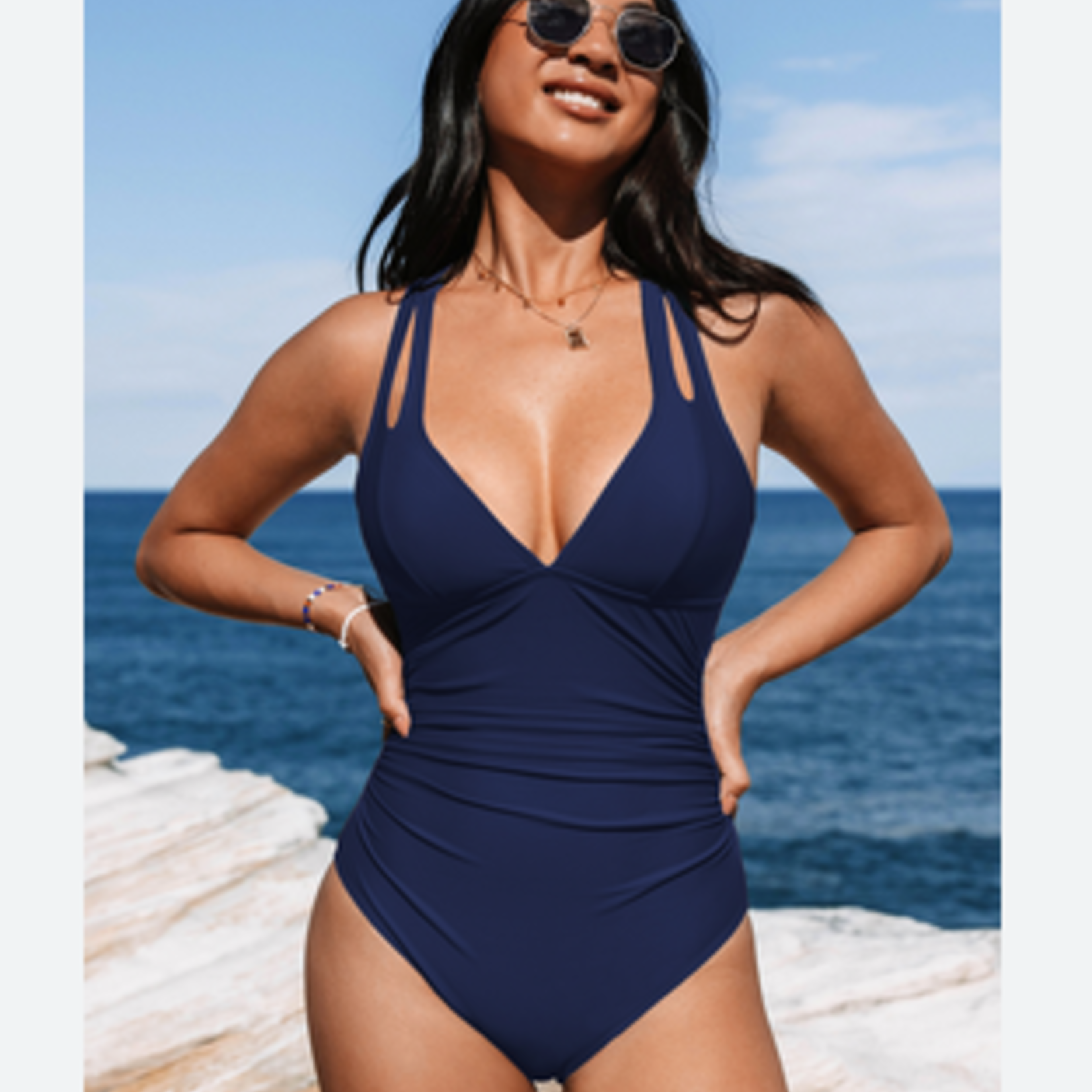 Cupshe Navy Blue Ruched Long Torso One-Piece Swimsuit