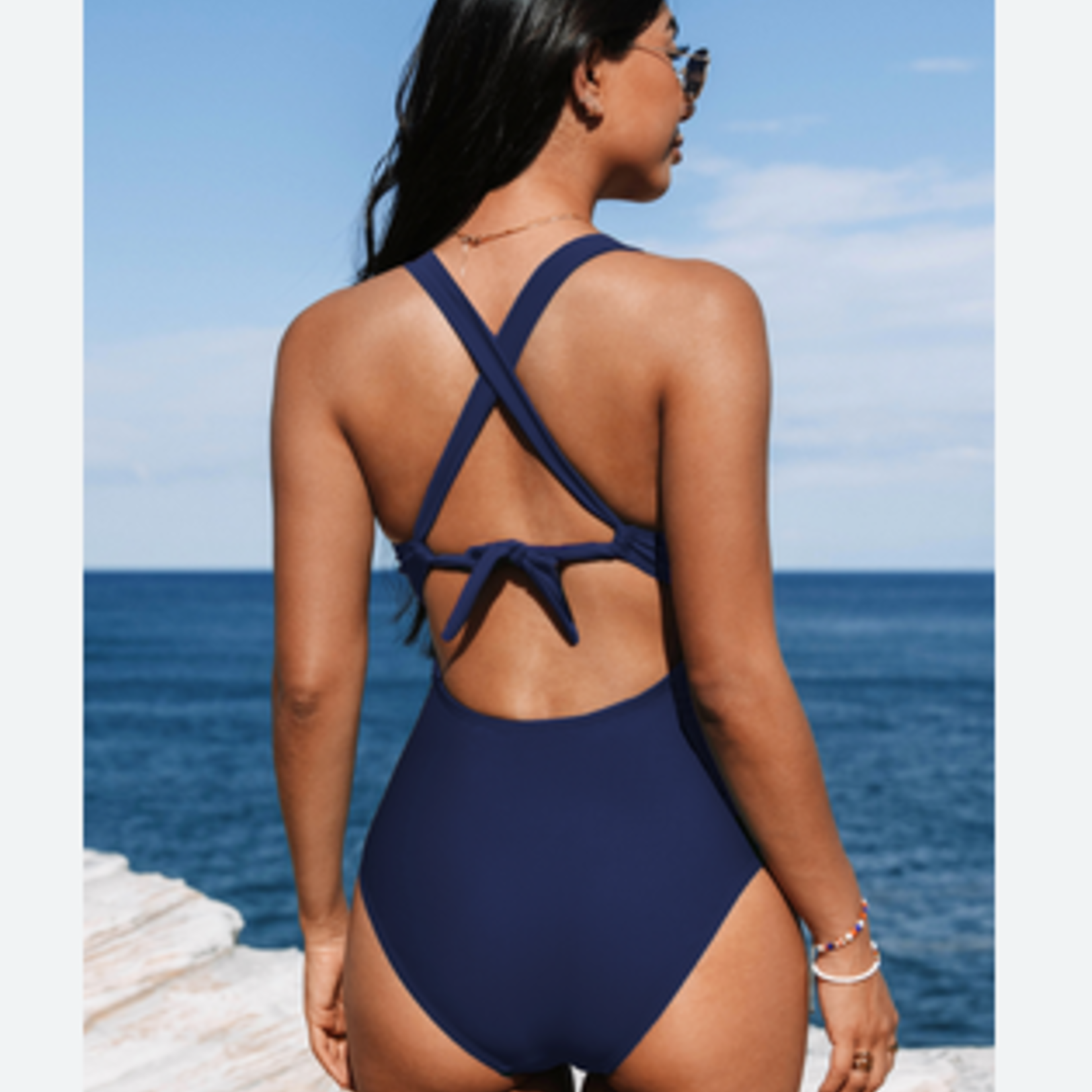 Cupshe Navy Blue Ruched Long Torso One-Piece Swimsuit