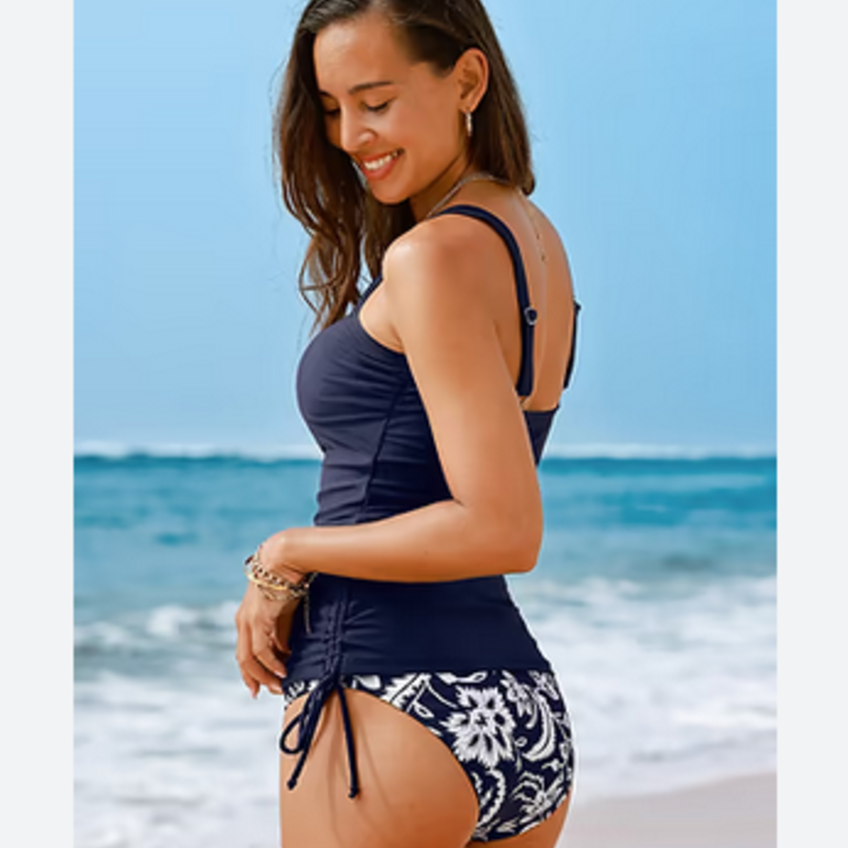 Cupshe Cupshe Blue Blooms Ruched Tankini Top & Bottoms Set